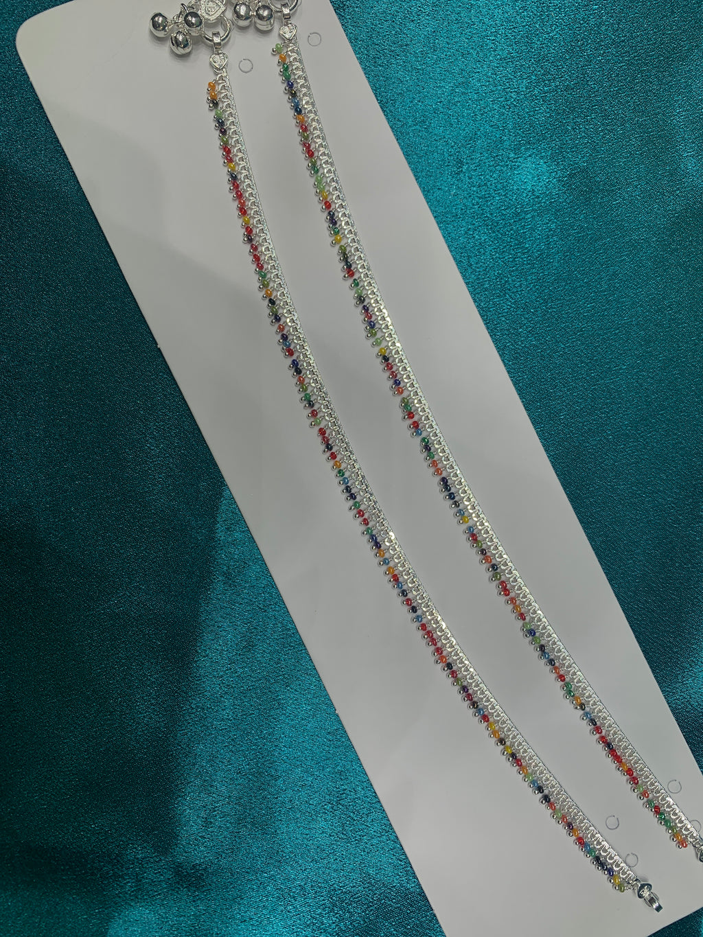 Fancy silver anklets with multicoloured beads