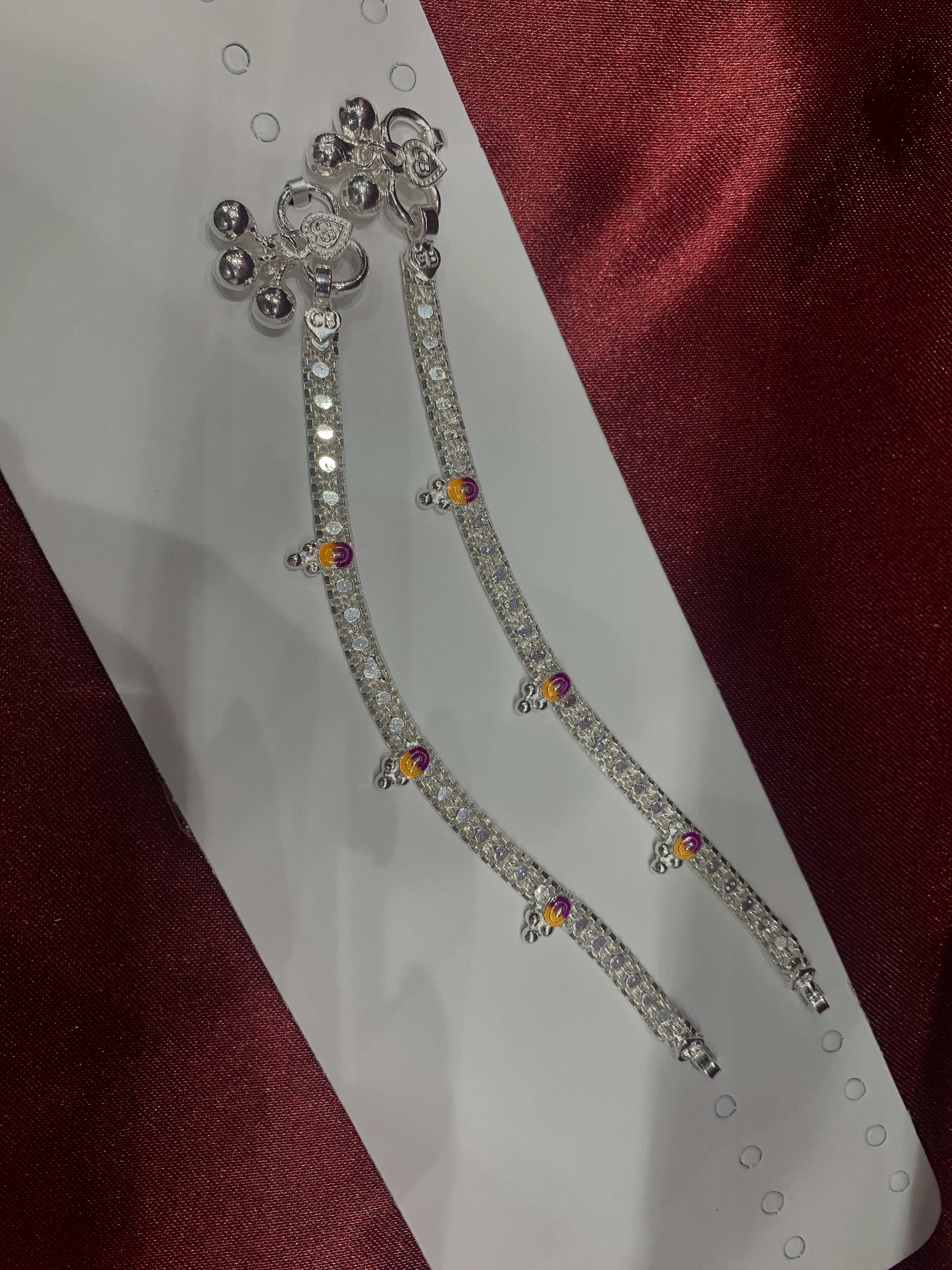 Fancy kids silver anklets in purple and yellow colour enamel (Size: 1-2 year old)