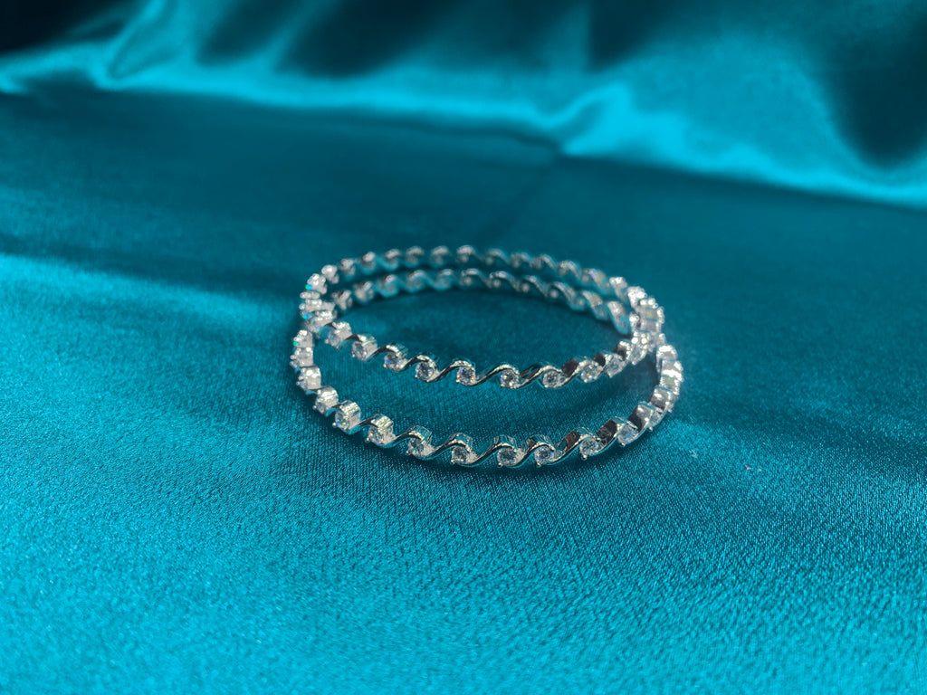 Elegant CZ diamond silver bangles with white CZ diamonds in zig zag design