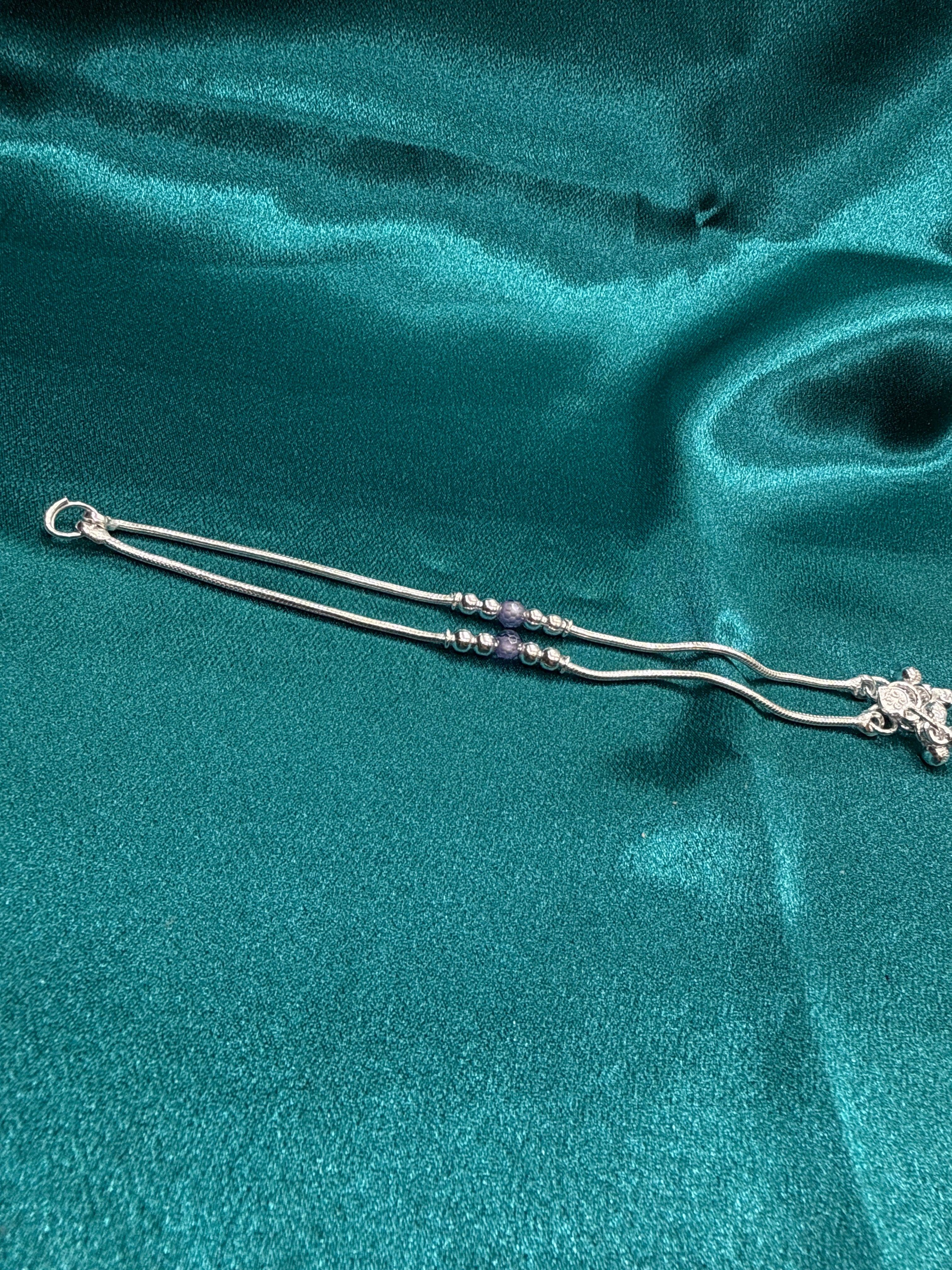 Kids fancy silver anklet with lavender coloured beads (Size: 4-5 year old)