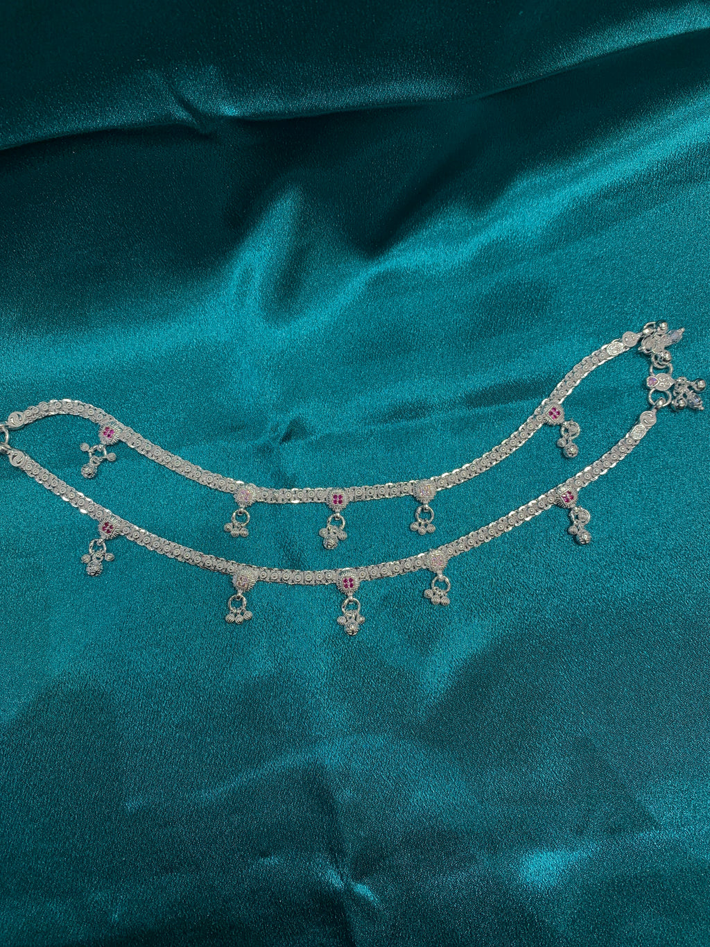 Traditional silver anklets with pink CZ diamonds and triple bells