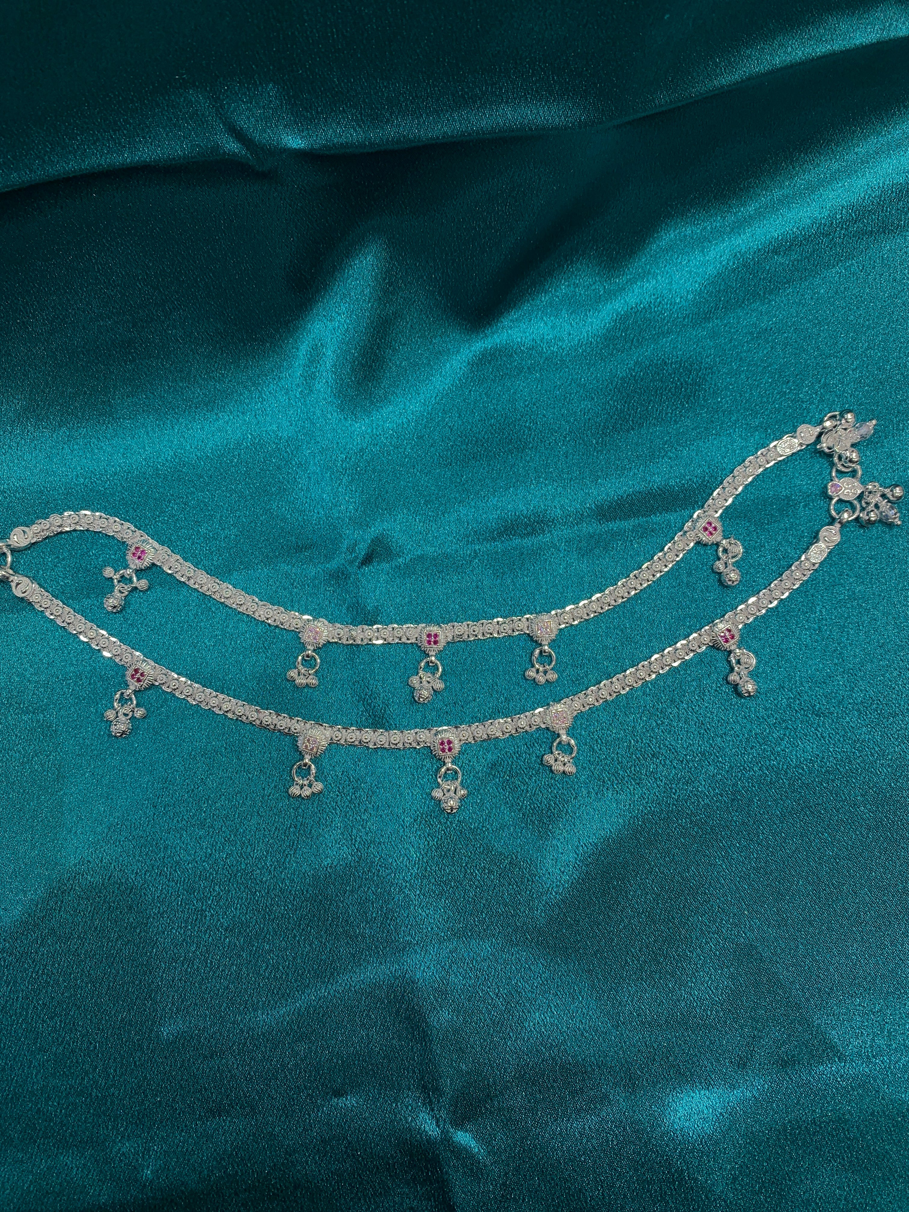 Traditional silver anklets with pink CZ diamonds and triple bells