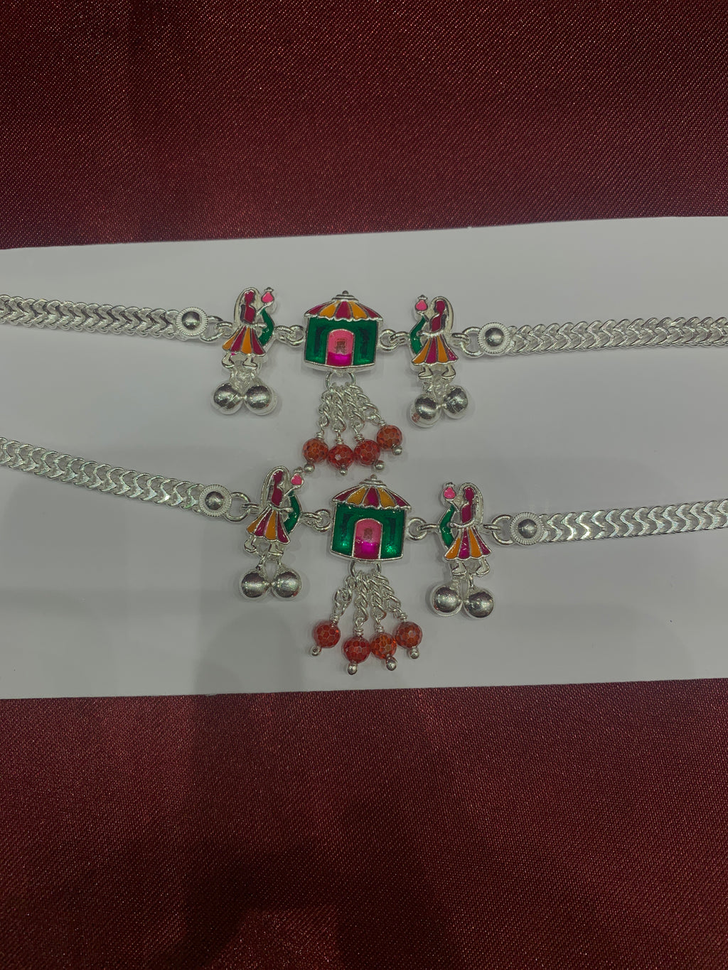 Fancy silver anklets with hut and doll design