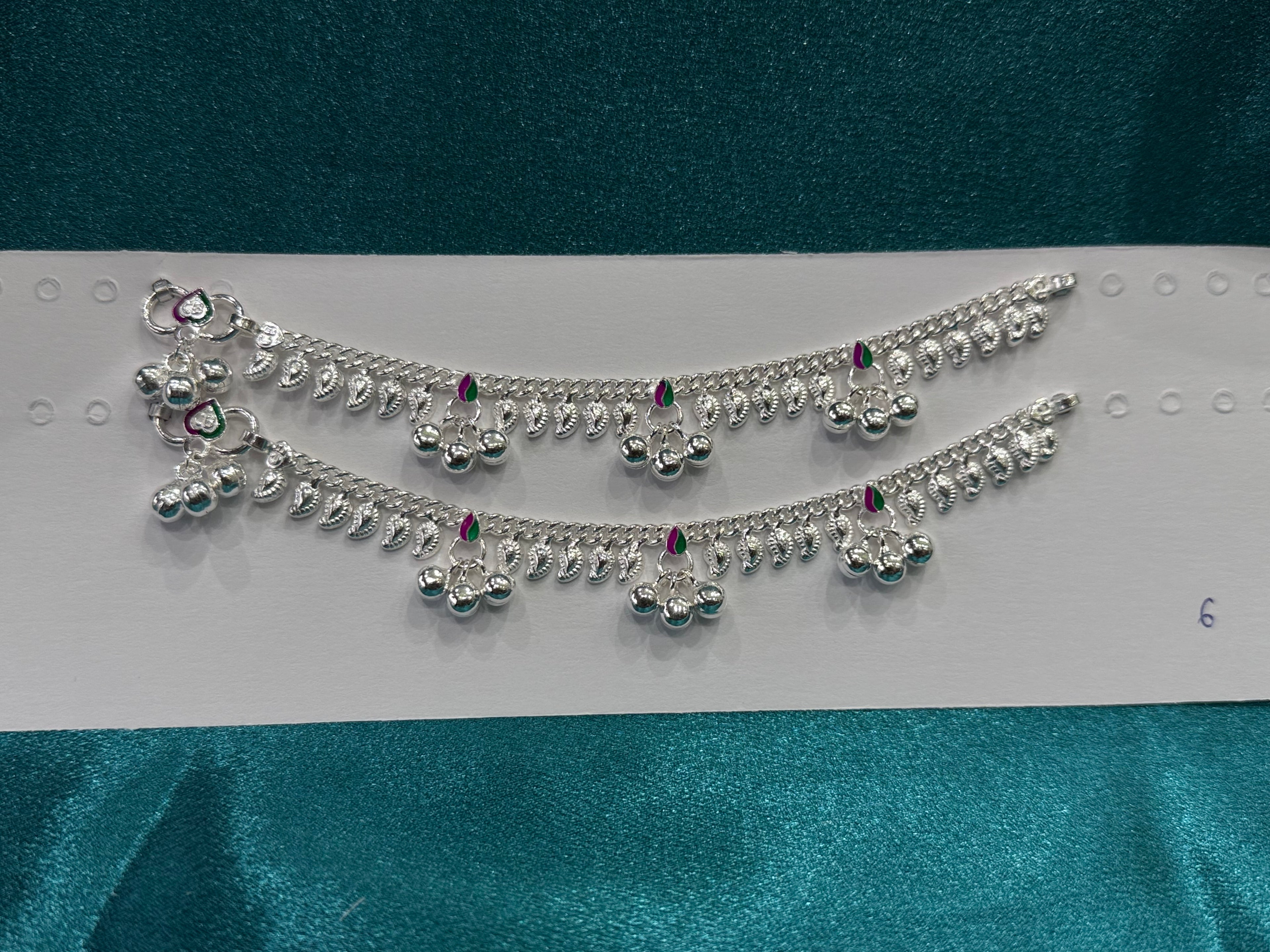 Traditional style kids silver anklets with purple & green enamel and bells (2-3 year old)