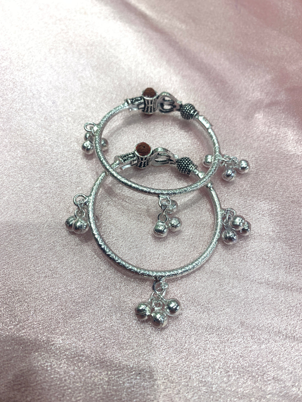 Silver baby kada with trishul and rudraksh