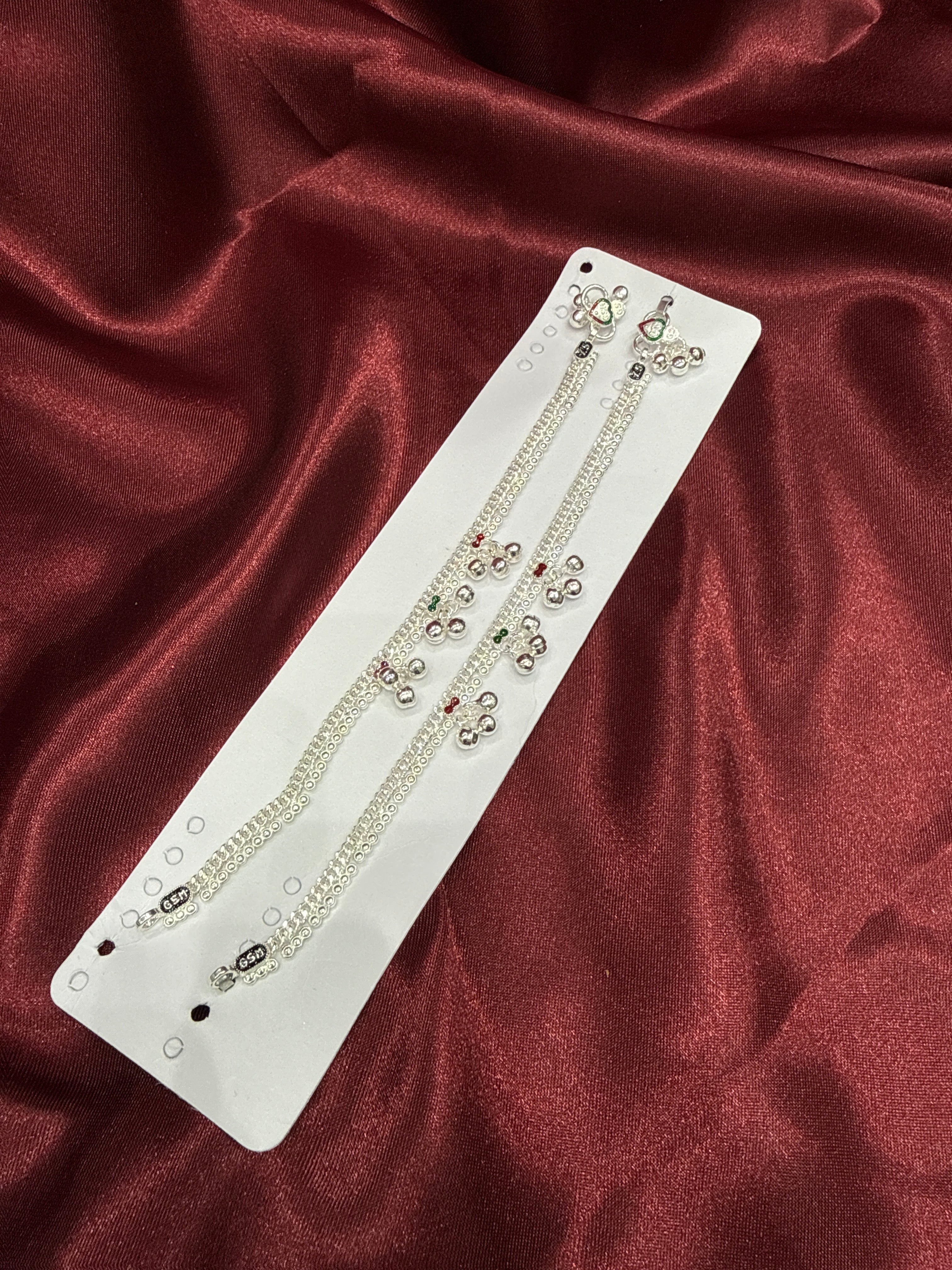 Kids fancy silver anklet with red and green stones & hanging bells (Size: 10-12 year old)