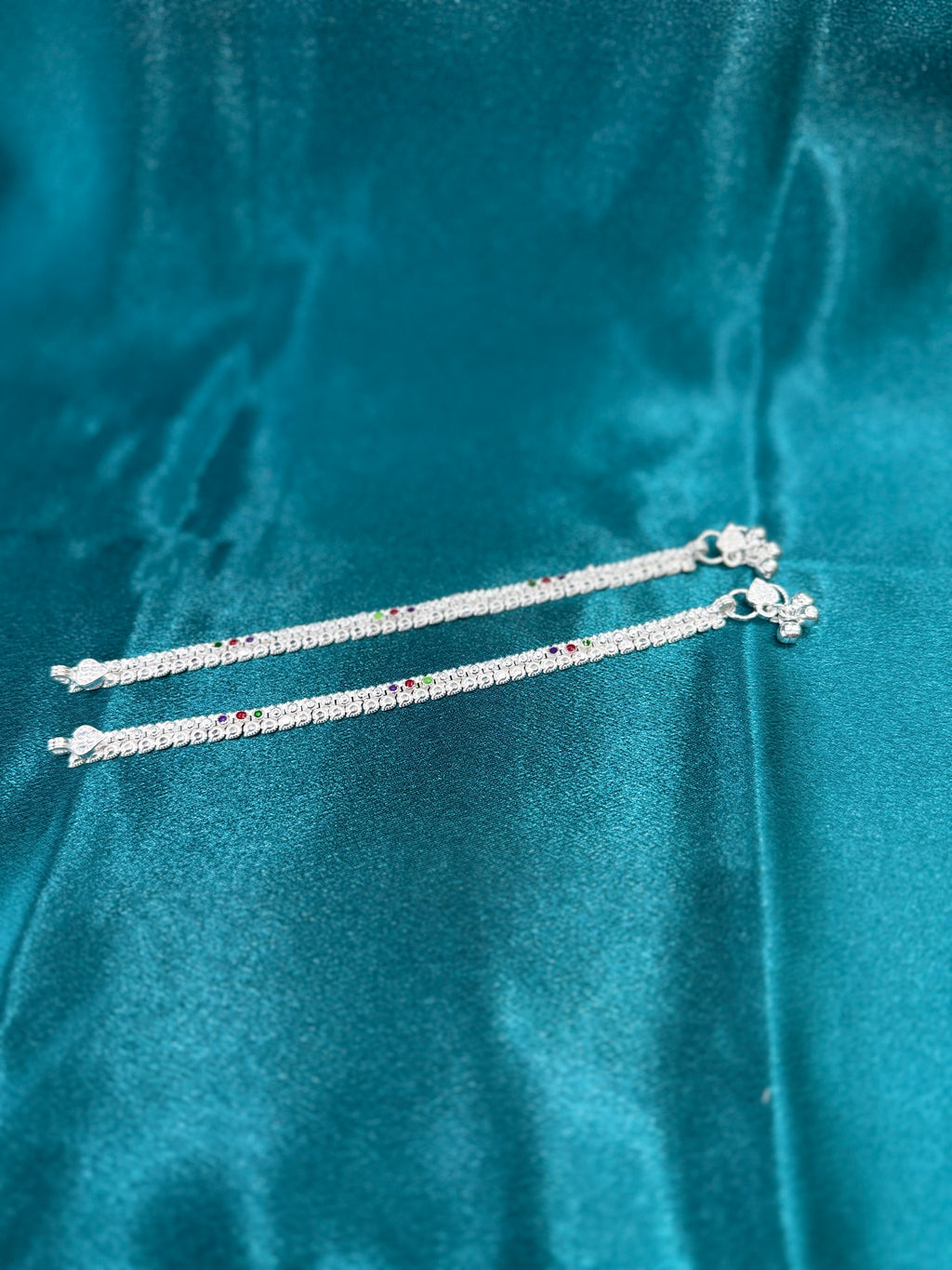 Traditional style kids silver anklets with red,green & purple enamel (Size: 4-5 year old)