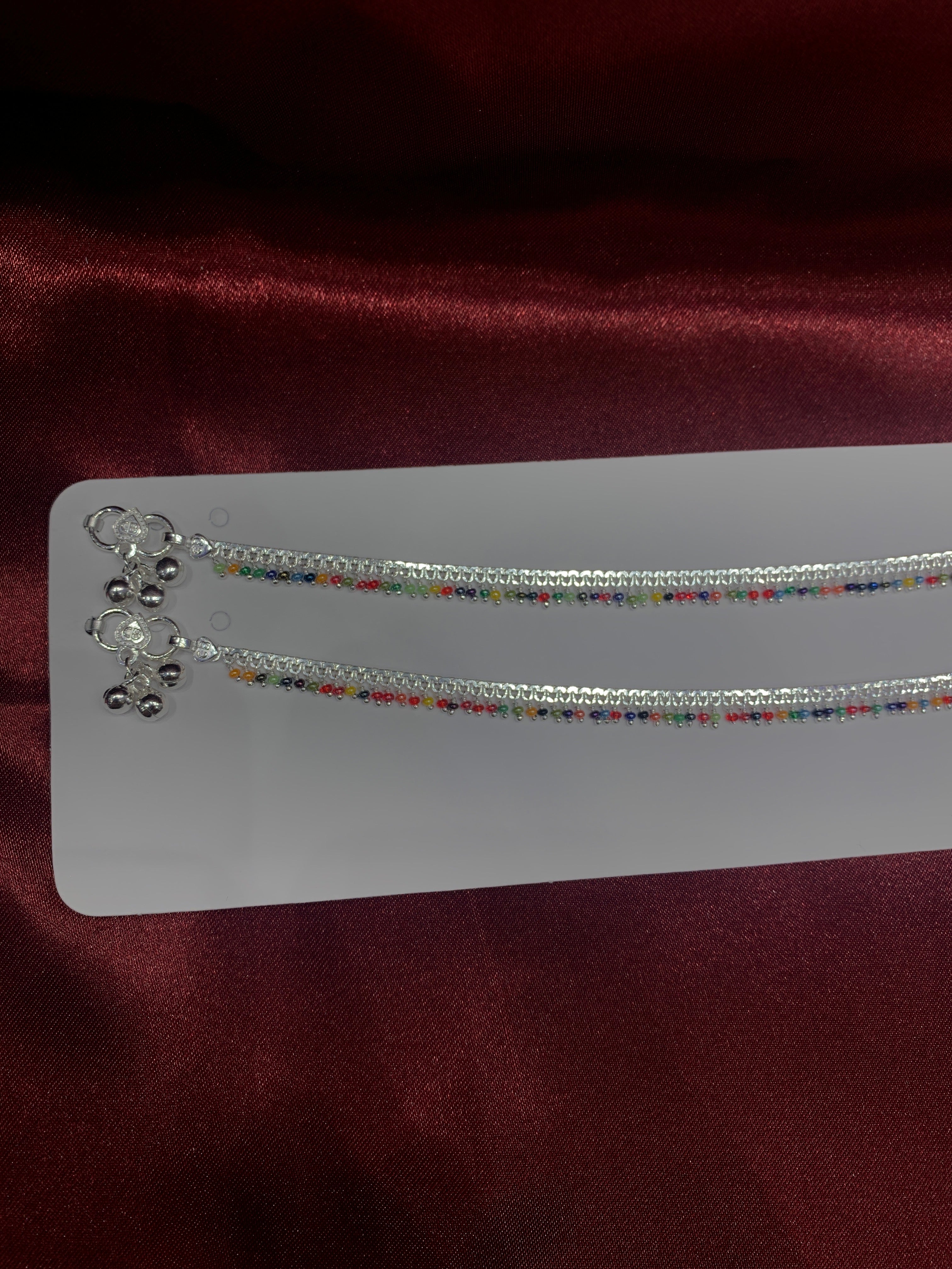 Fancy silver anklets with multicoloured beads