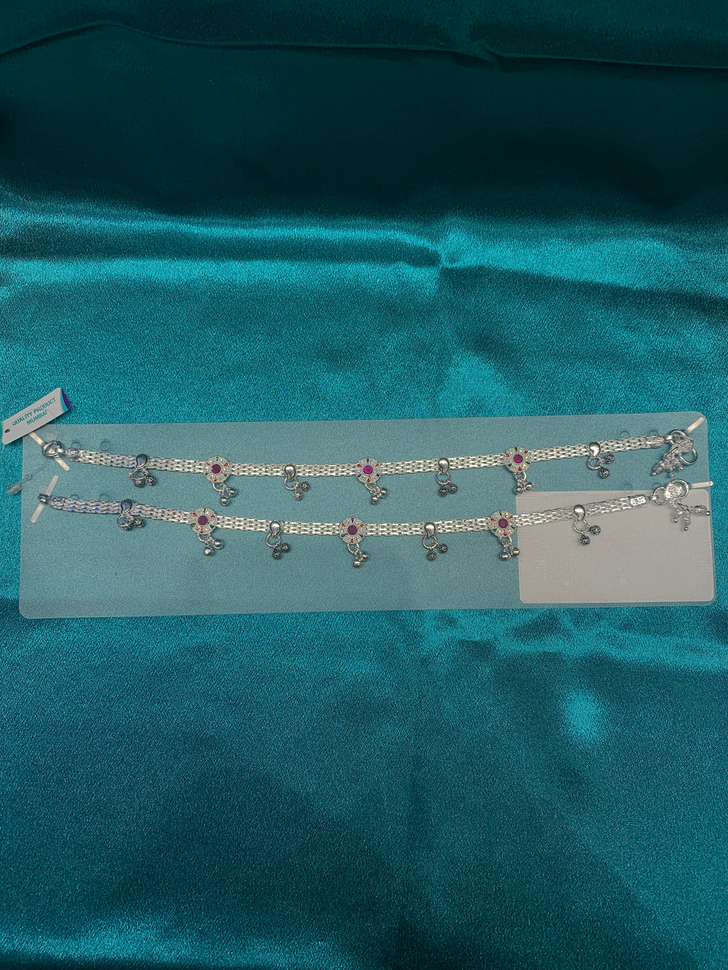 Traditional silver anklets with pink CZ diamonds and antique bells