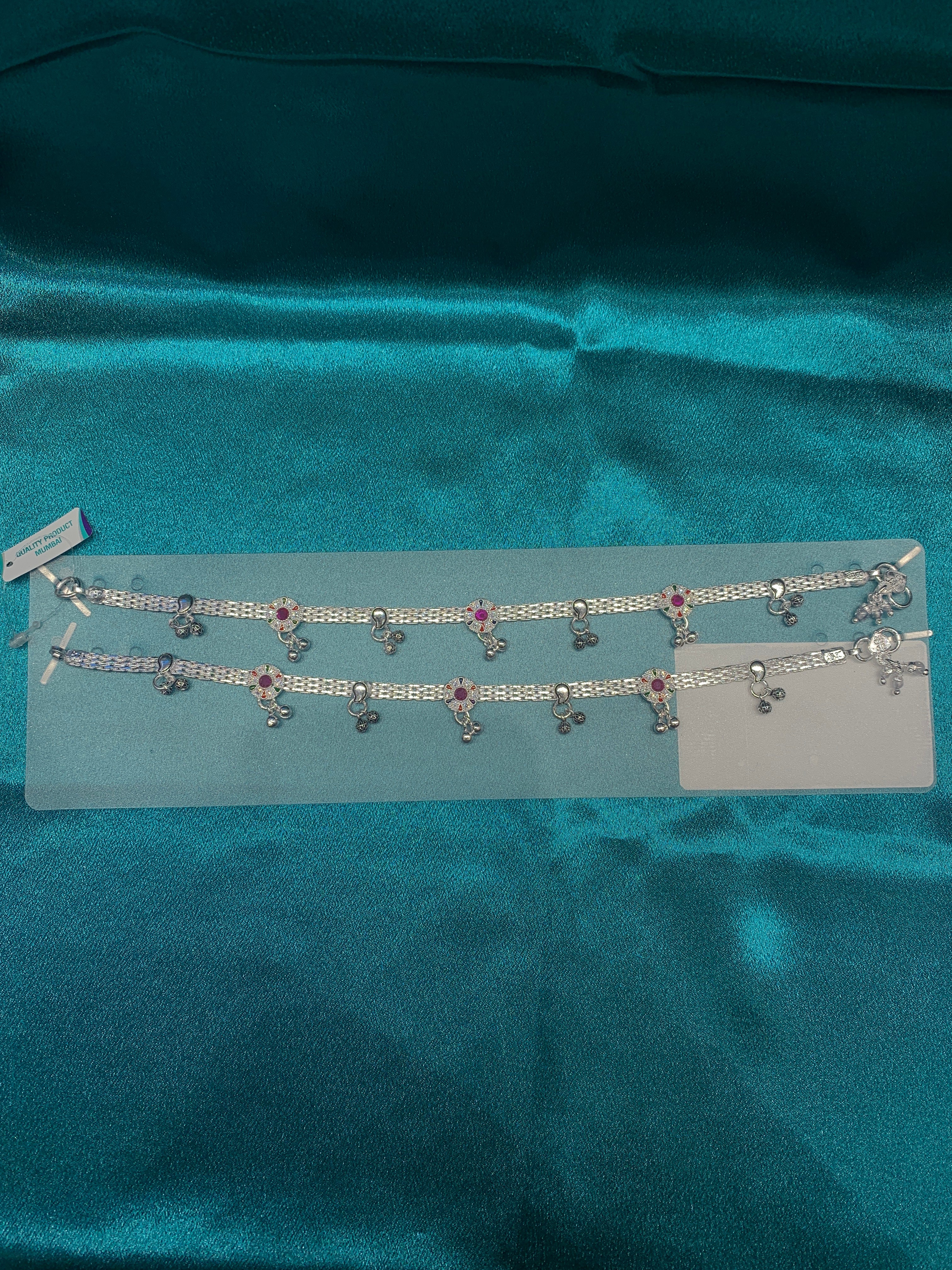 Traditional silver anklets with pink CZ diamonds and antique bells