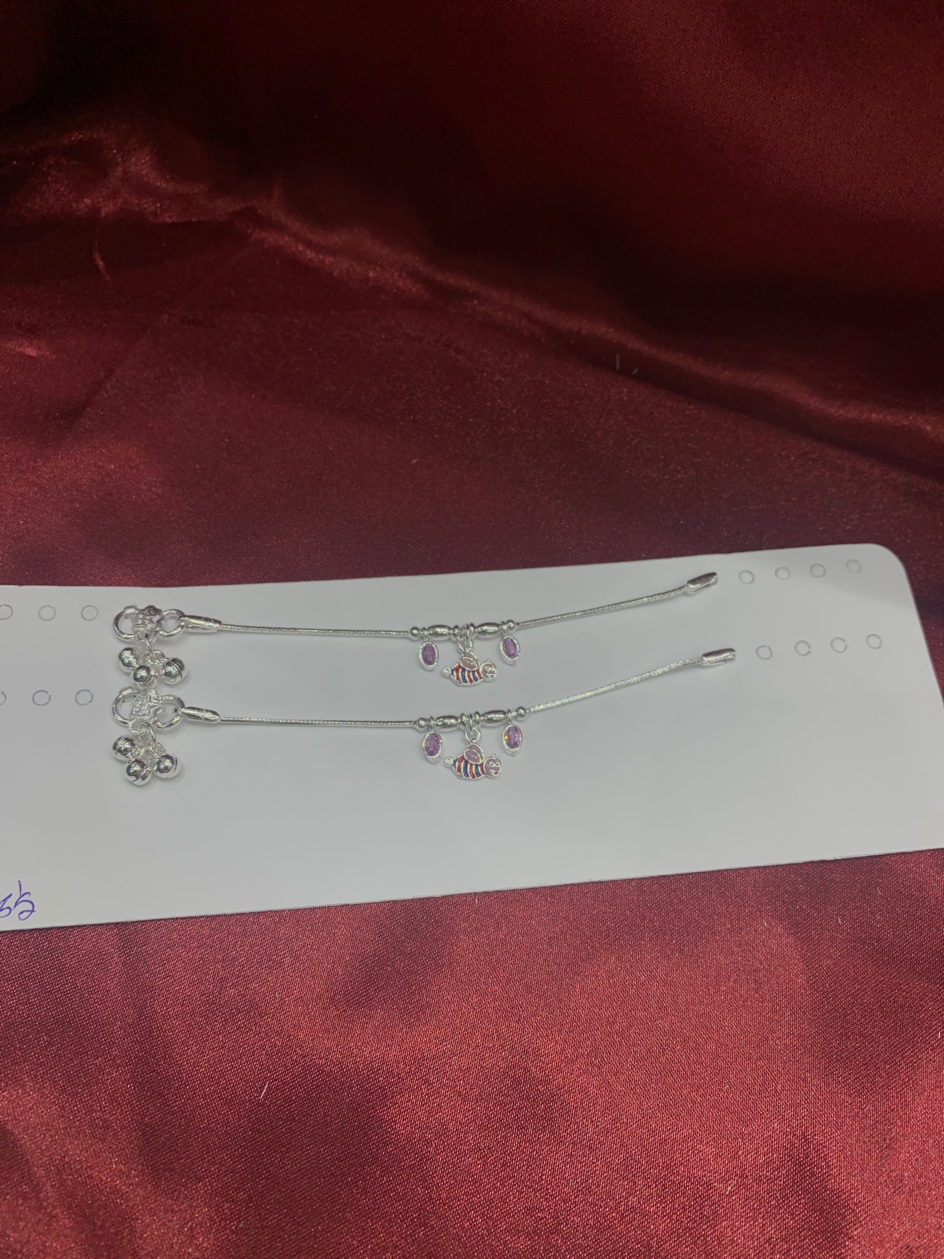 Fancy baby silver anklets with honey bee hanging beads (Size: 1-2 year old)