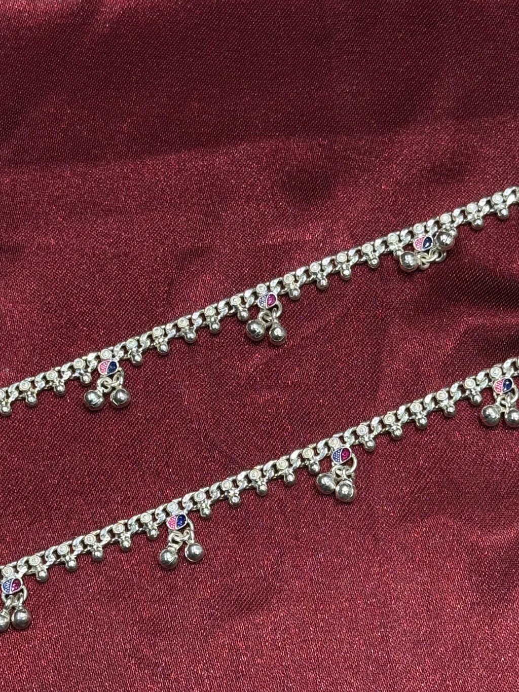 Traditional style kids silver anklets with purple and pink enamel (13-15 year old)