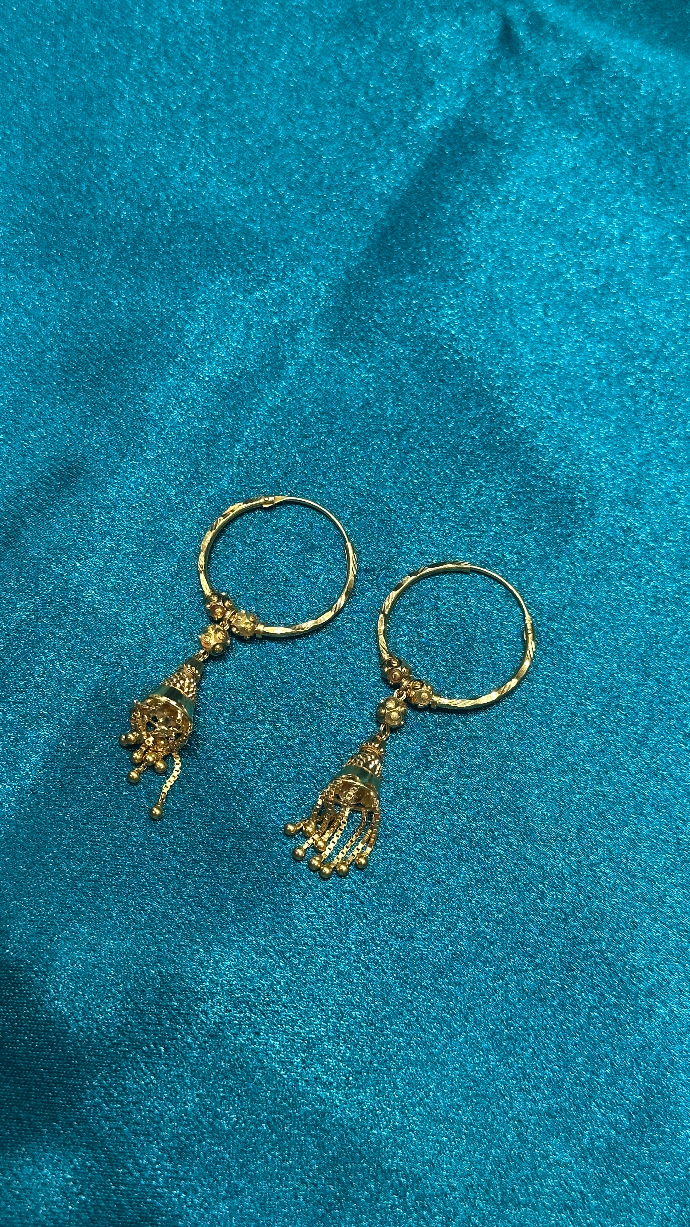 22K Gold Hoops With Designer Beads & Hanging Chain