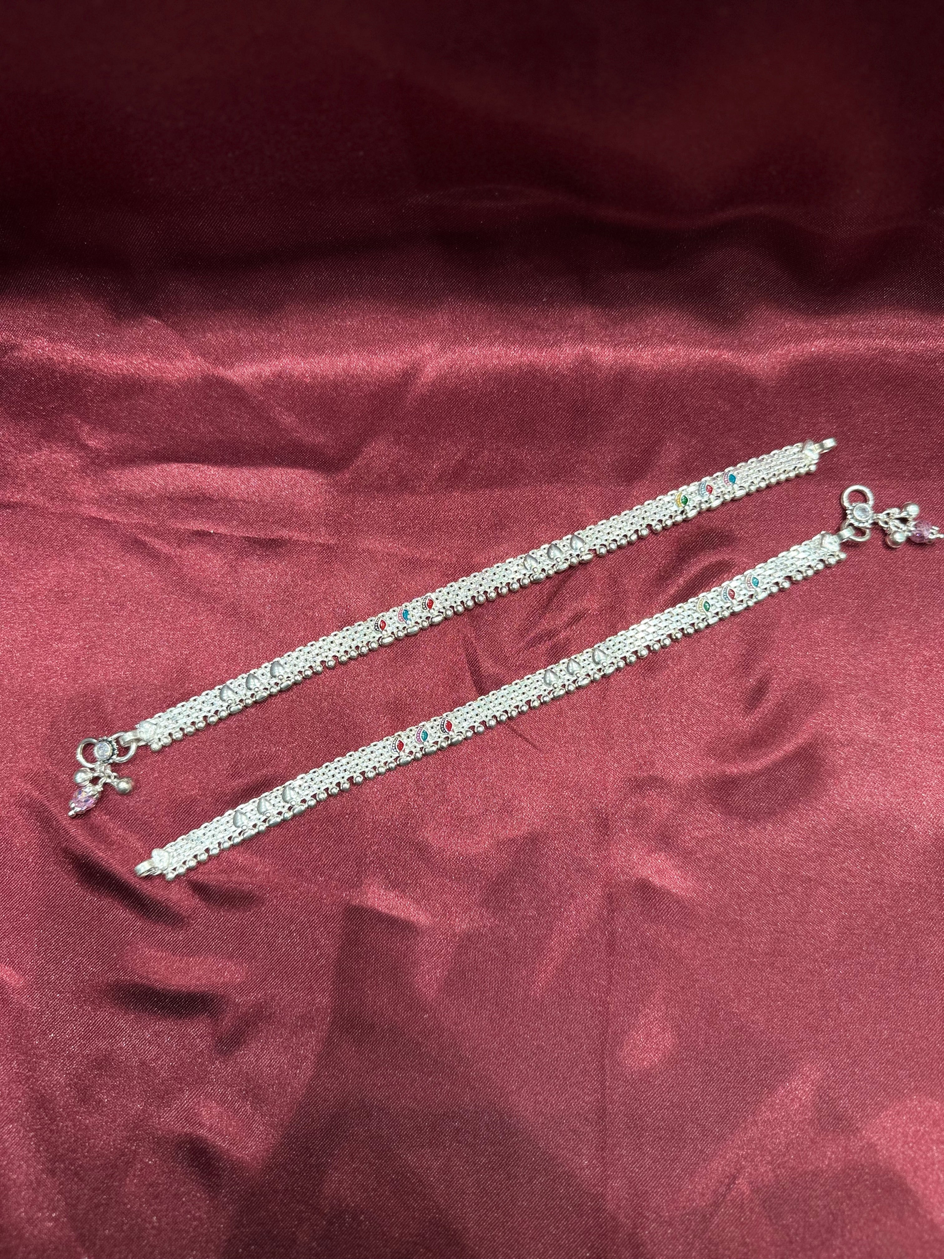Traditional style kids silver anklets with multicolour enamel (13-15 year old)