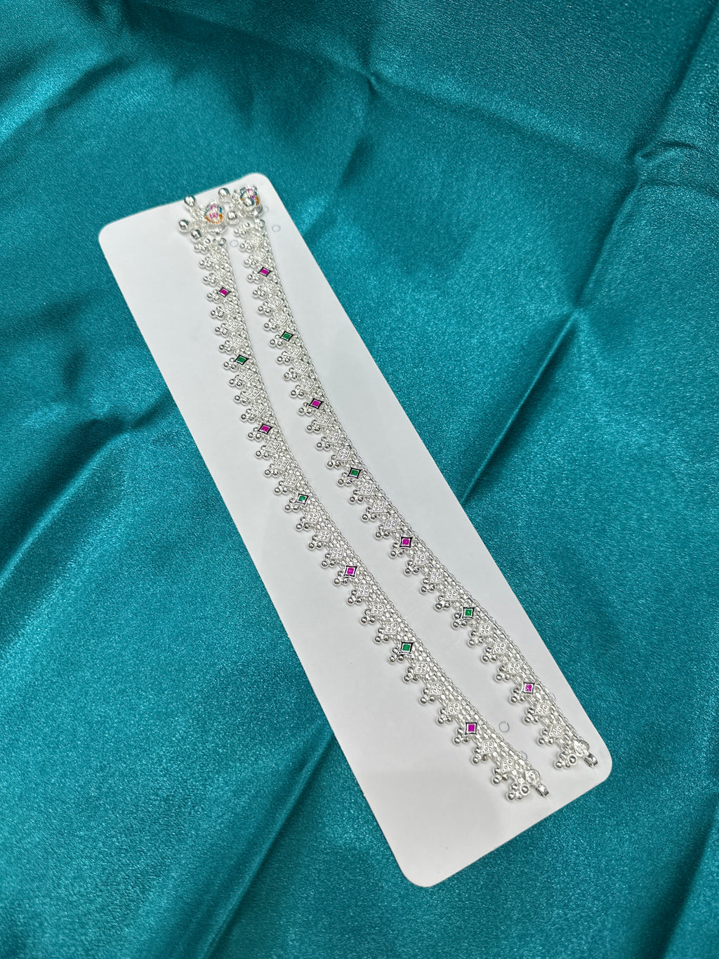 Silver Anklets With Green & Pink Enamel
