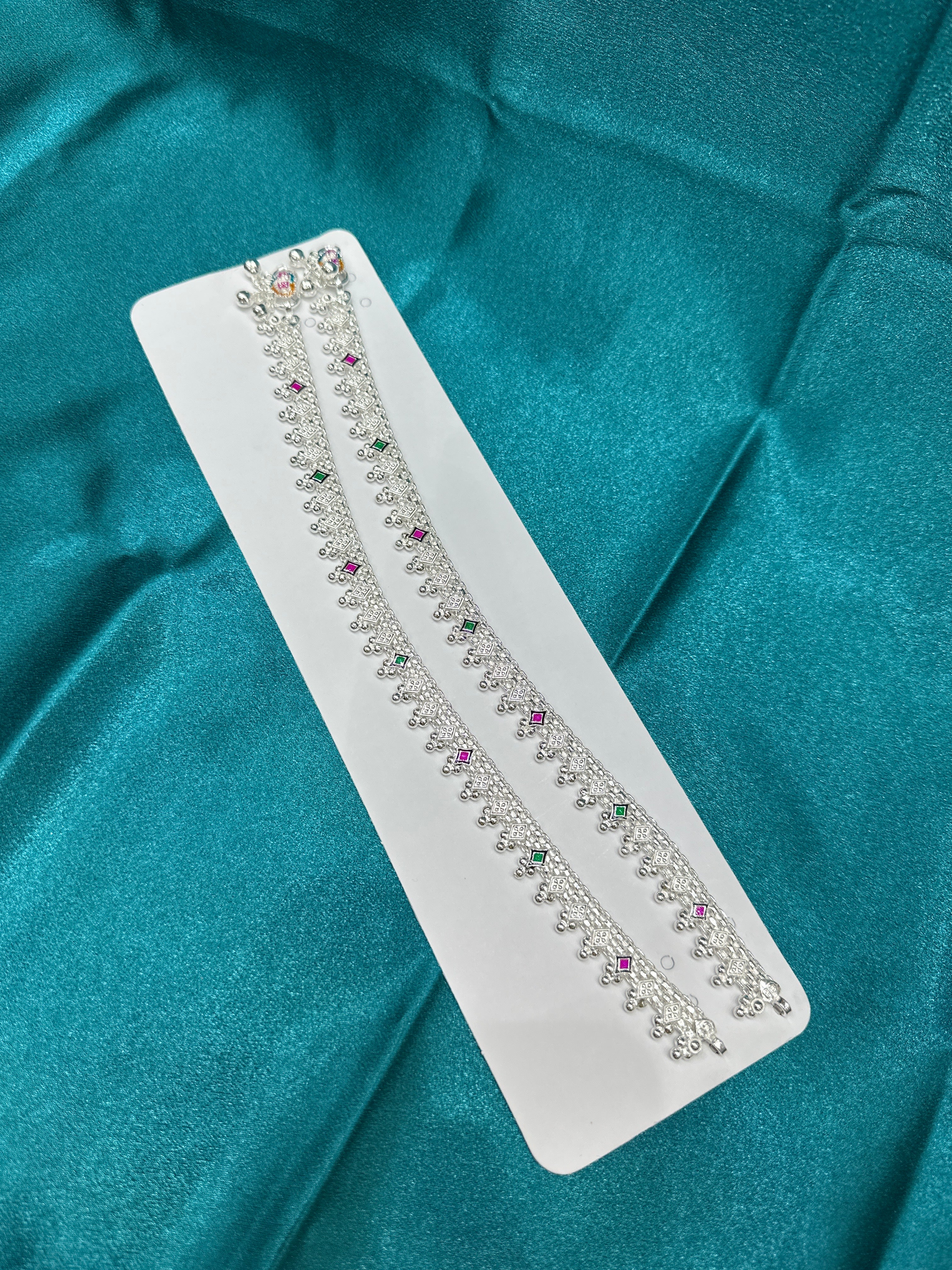 Silver Anklets With Green & Pink Enamel