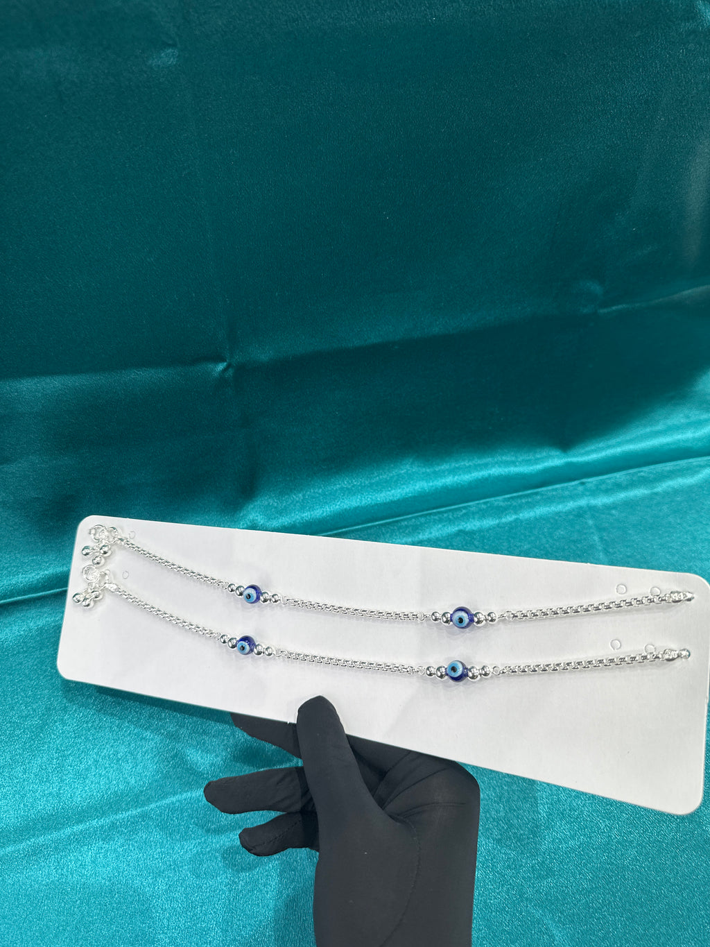 Fancy Silver Anklets With Beads & Evileye