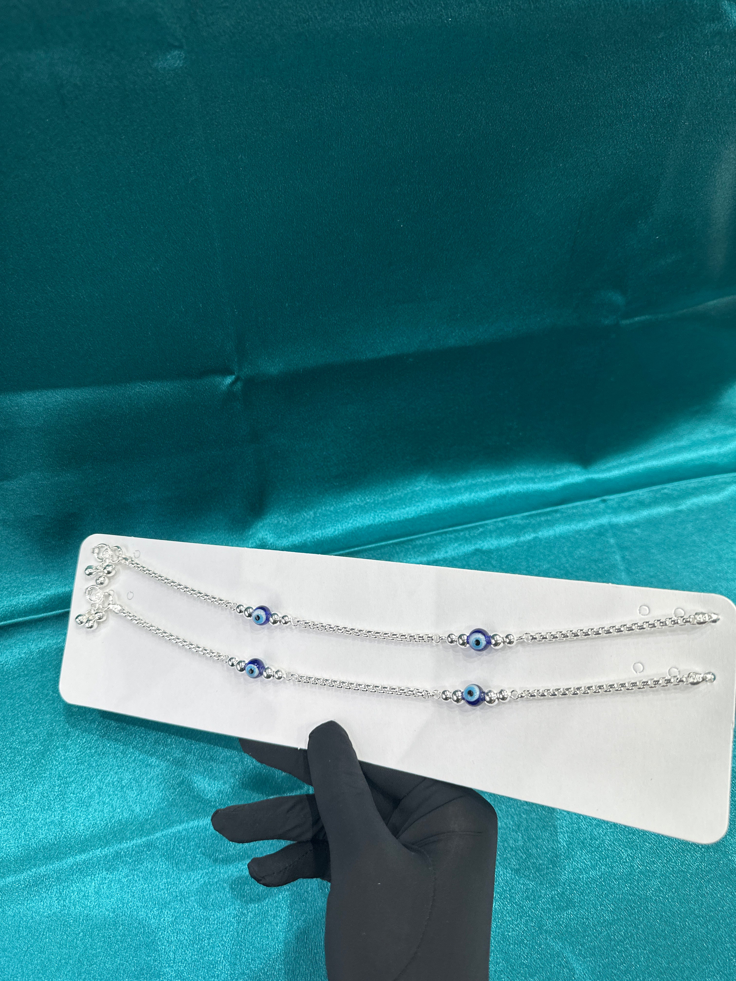 Fancy Silver Anklets With Beads & Evileye