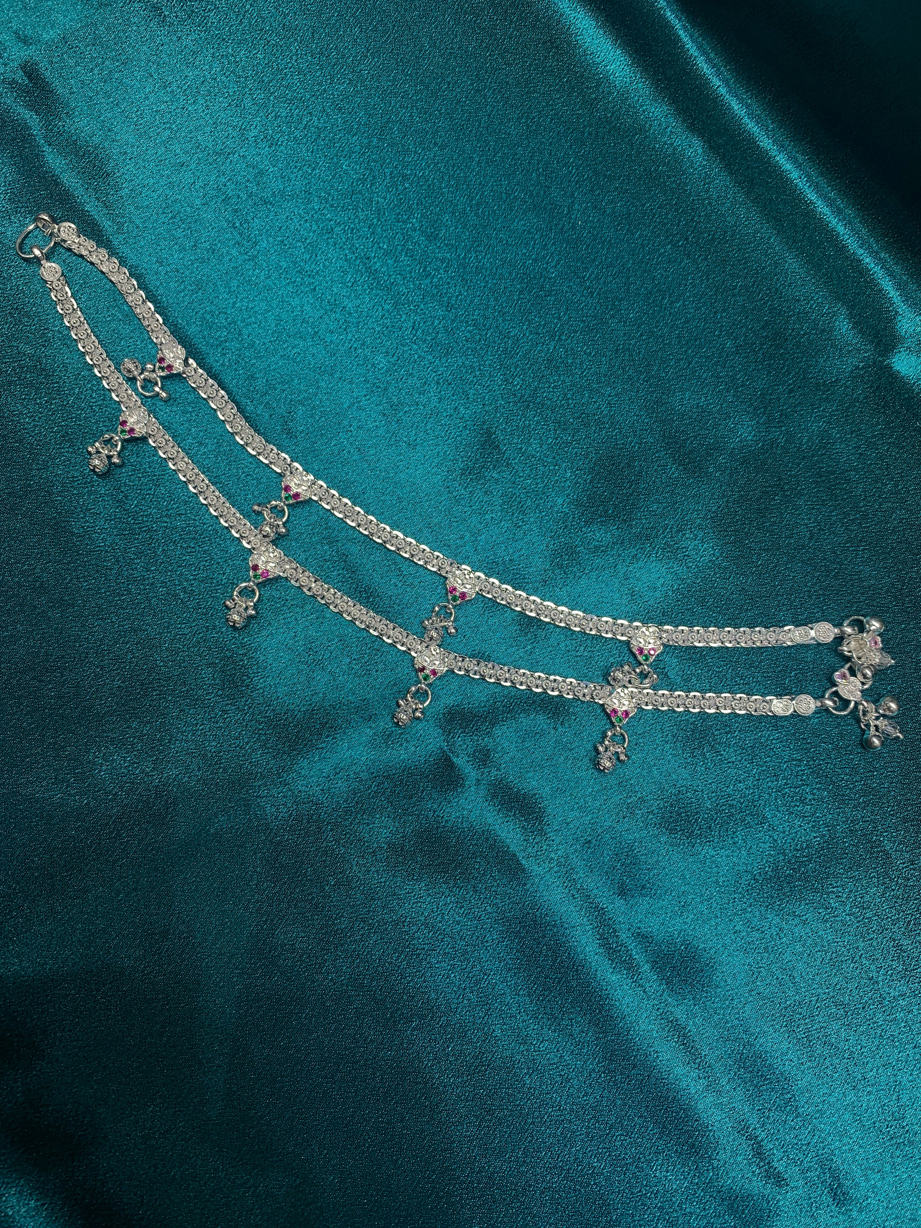 Traditional silver anklets green pink CZ diamonds and bells