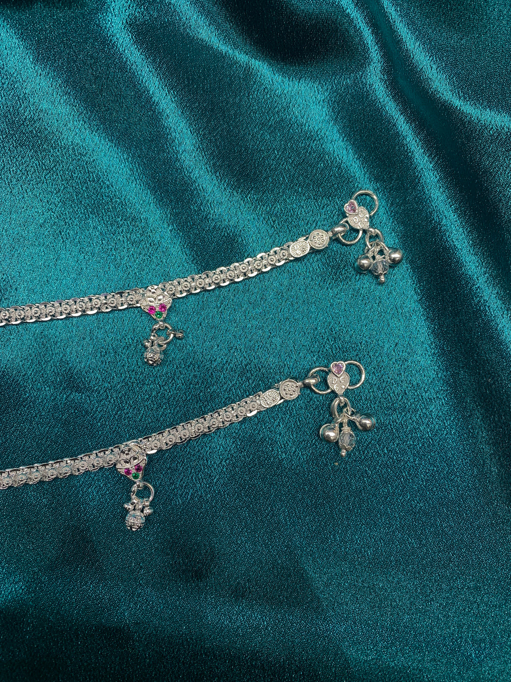 Traditional silver anklets green pink CZ diamonds and bells