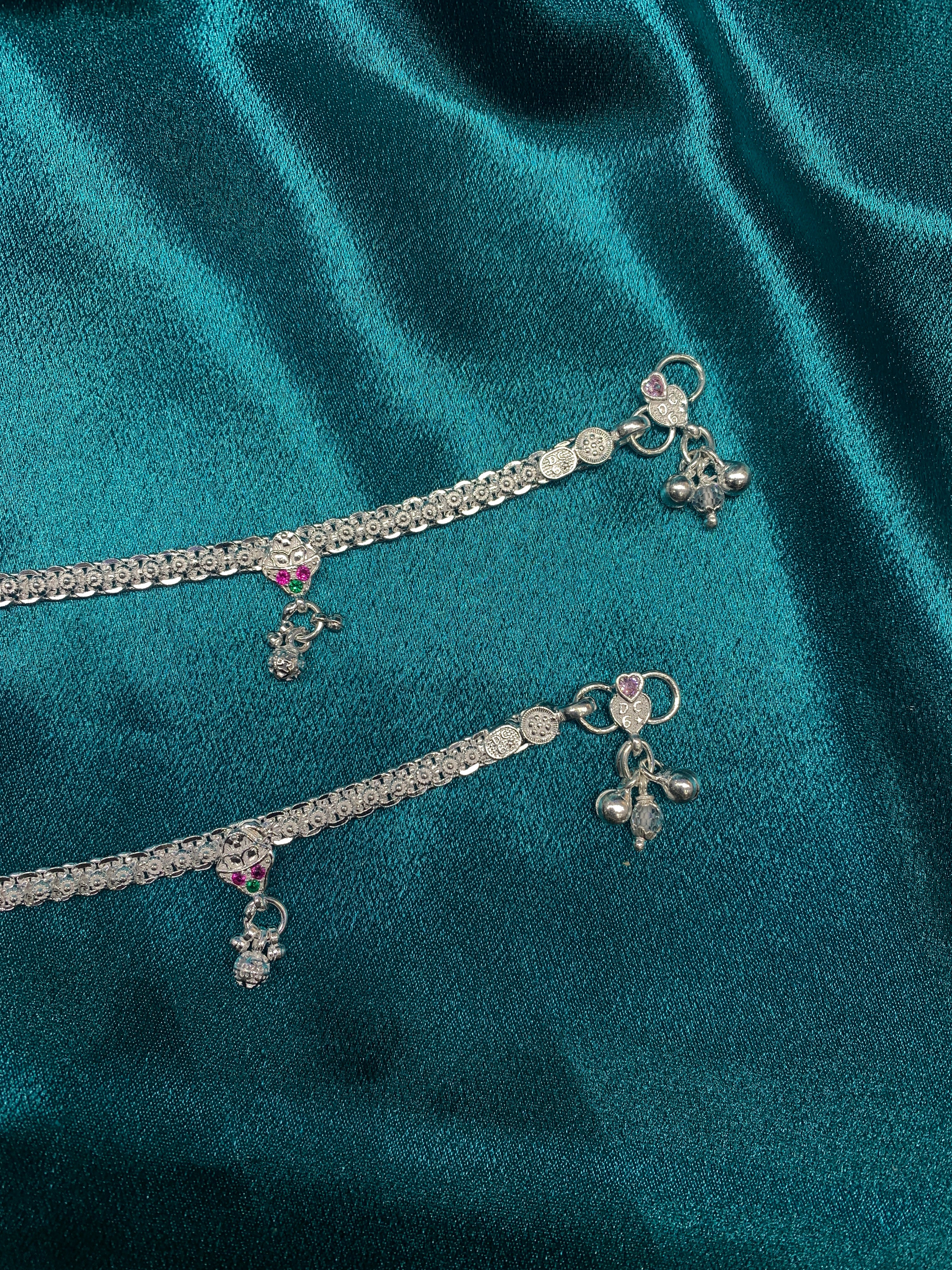 Traditional silver anklets green pink CZ diamonds and bells