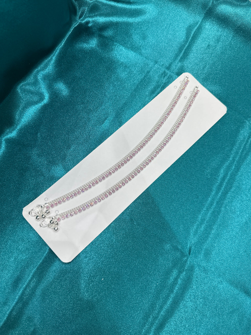 Fancy Silver Anklets With Full Row Of Pink CZ Diamonds