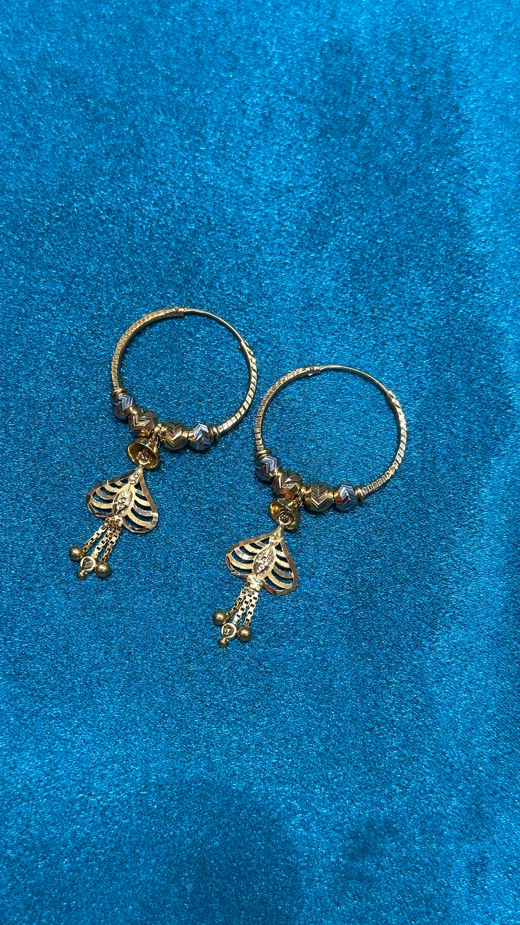 22K Gold Hoops With White Beads & Hanging Heart