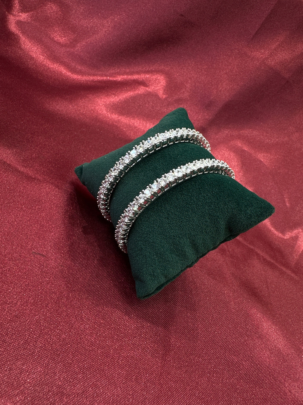 Elegant CZ diamond silver bangles with white stone in sequence design (