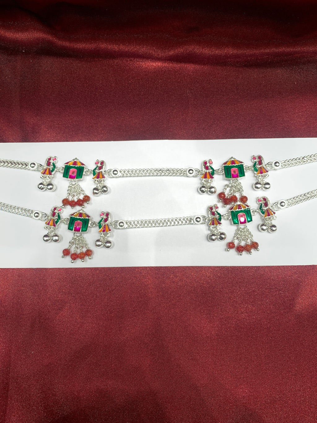 Fancy silver anklets with hut and doll design
