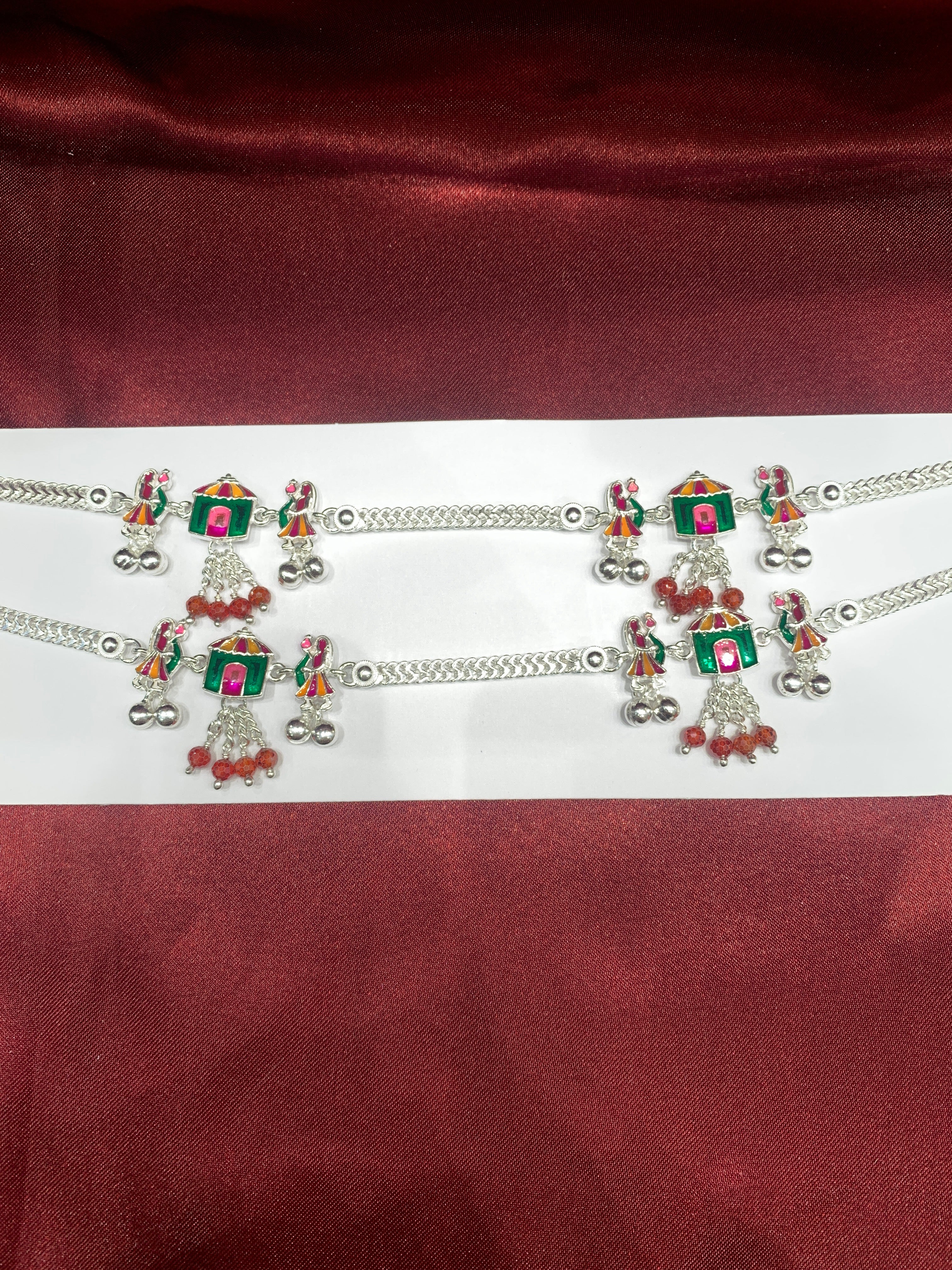 Fancy silver anklets with hut and doll design