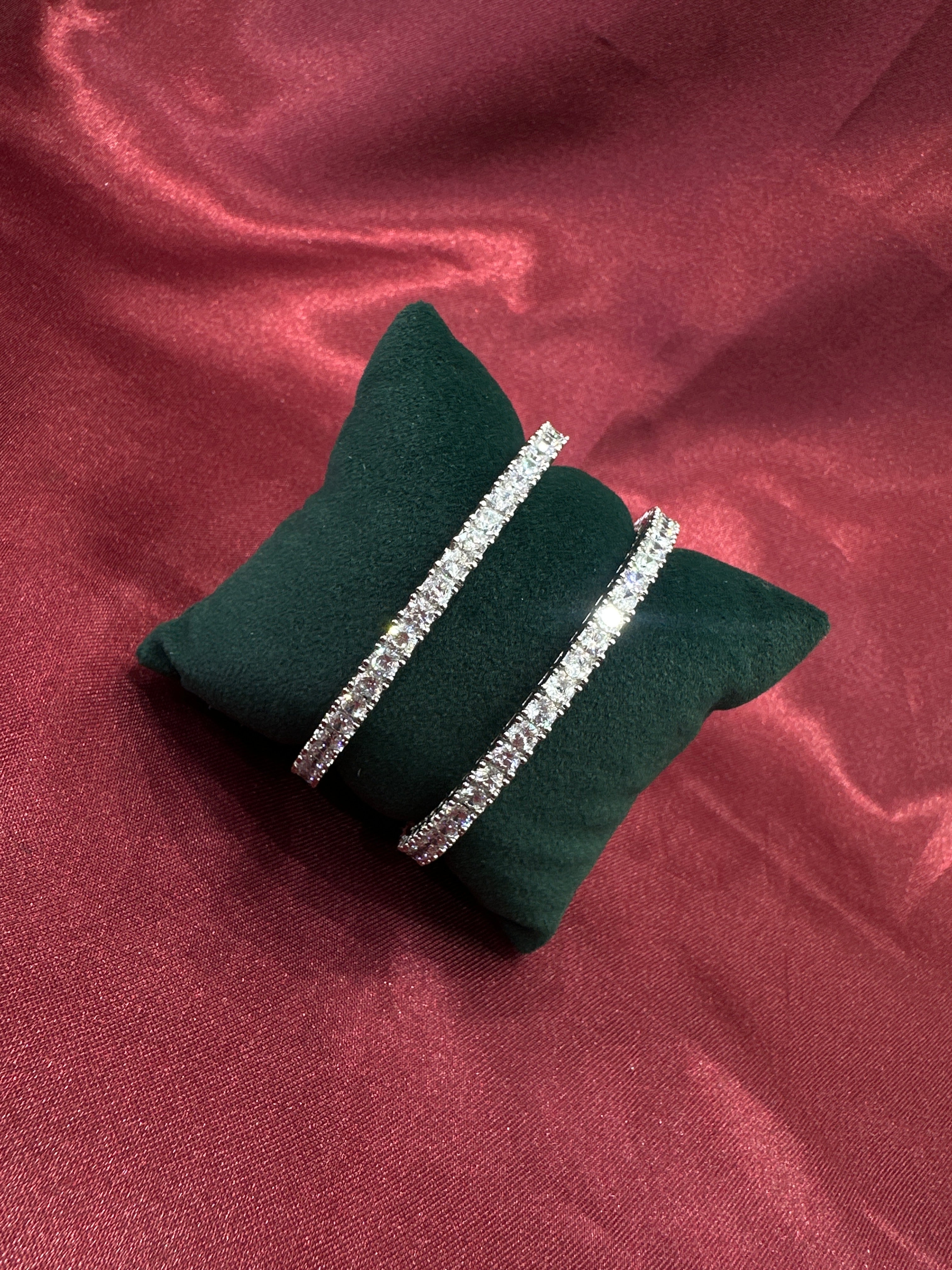 Elegant CZ diamond silver bangles with white stone in sequence design (