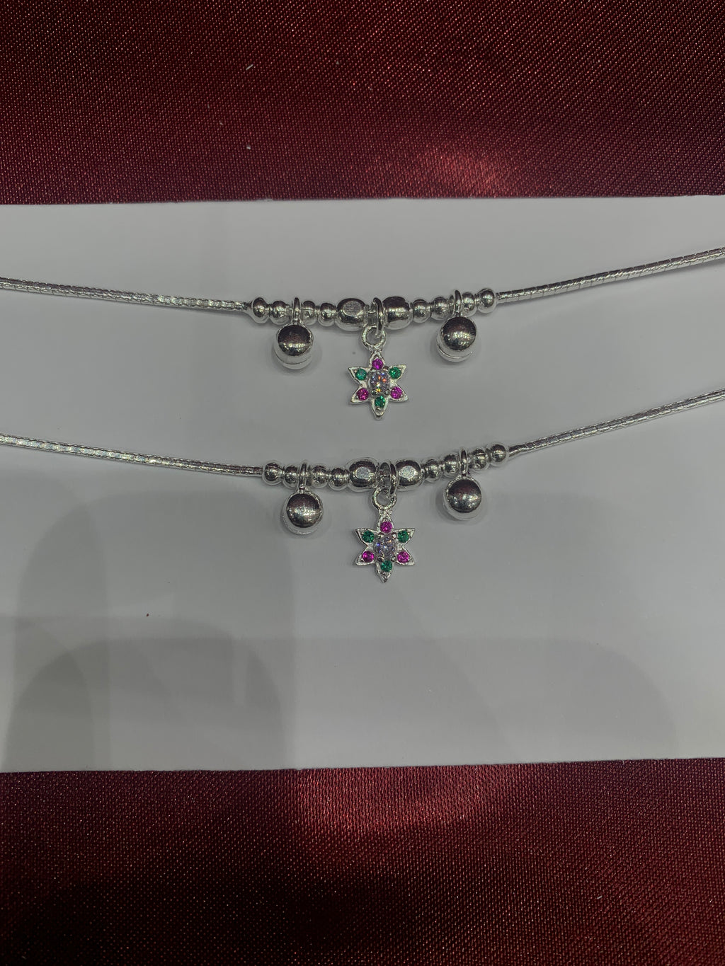Fancy kids silver anklets with flower hanging beads (Size: 1-2 year old)