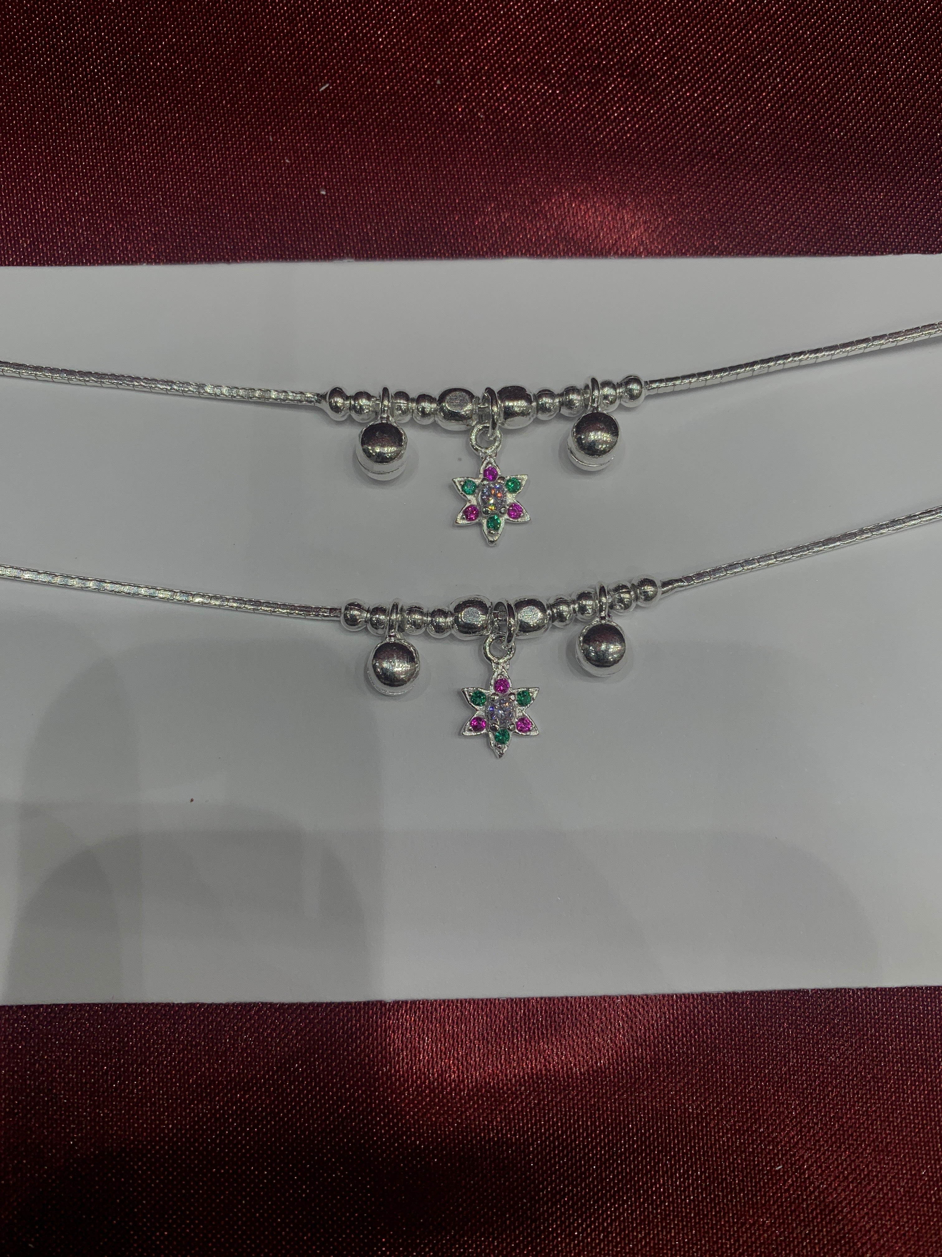 Fancy kids silver anklets with flower hanging beads (Size: 1-2 year old)