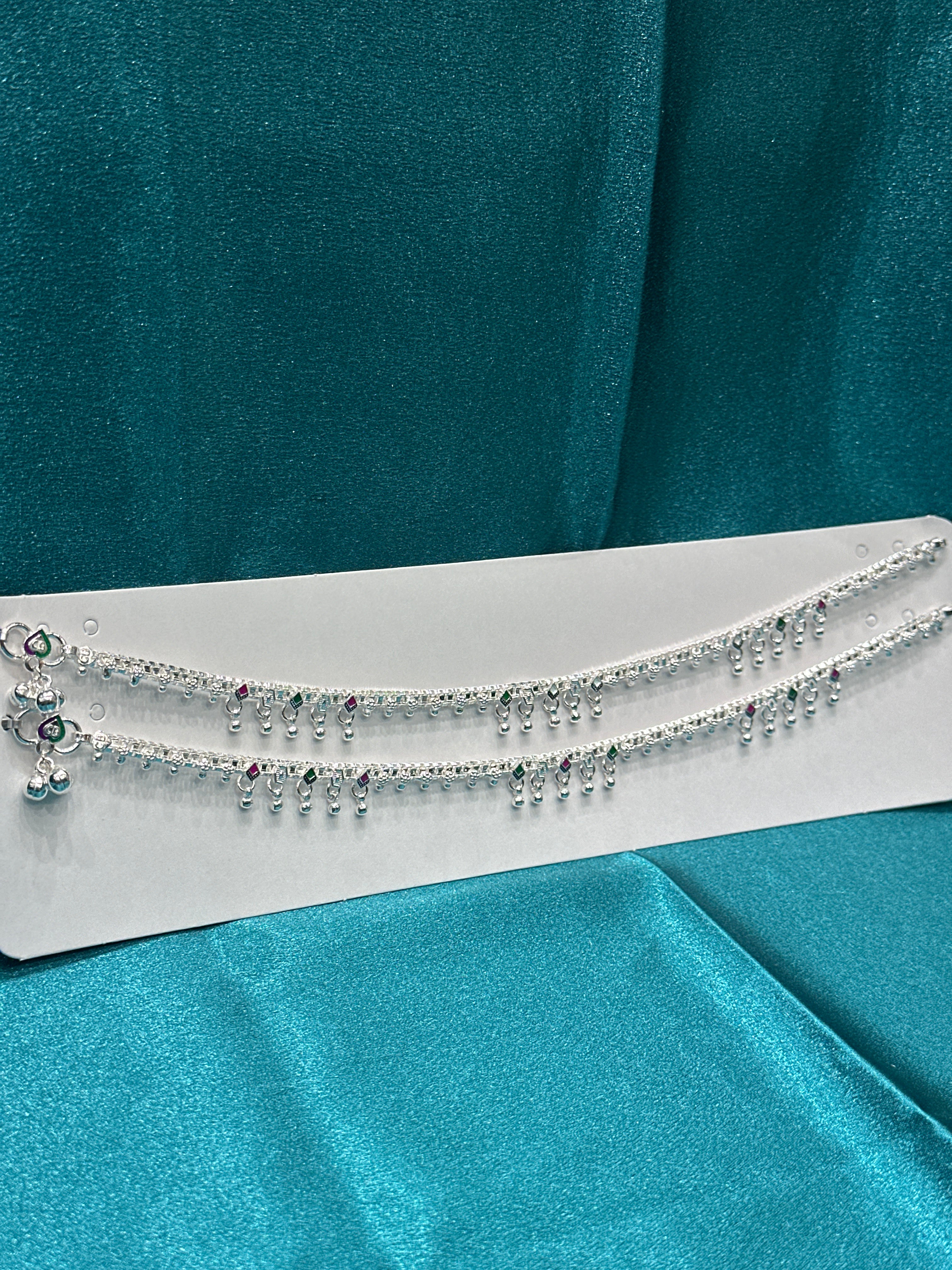 Fancy Silver Anklets With Tiny Bells & Green & Pink Stones