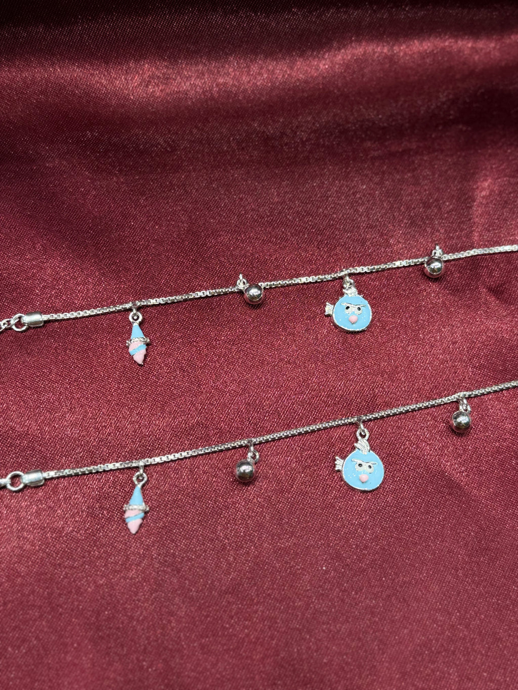 Fancy kids silver anklets with colourful hanging charms (Size 2-3 year old)