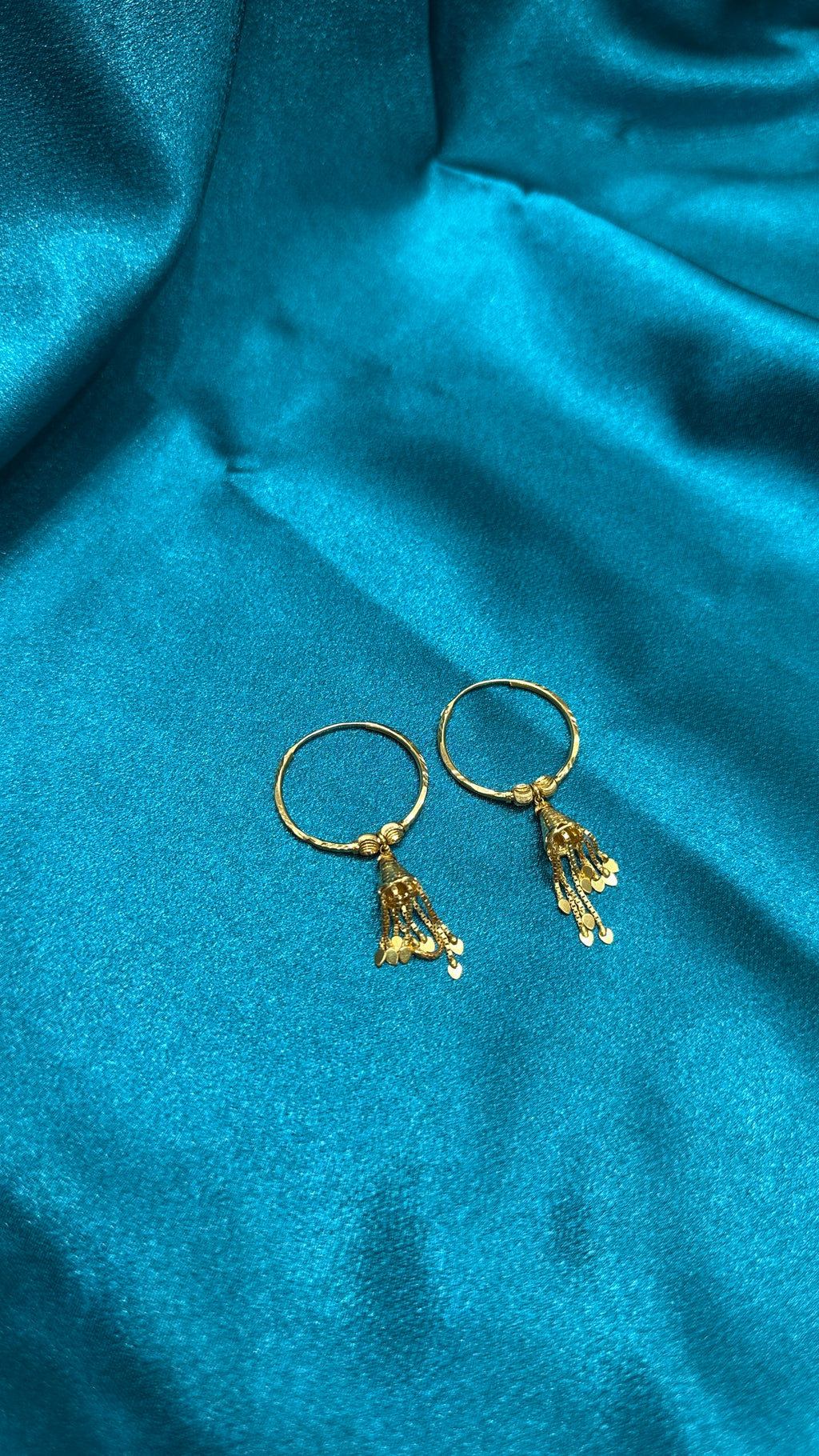 22K Gold Hoops With Designer Beads & Hanging Chain Design