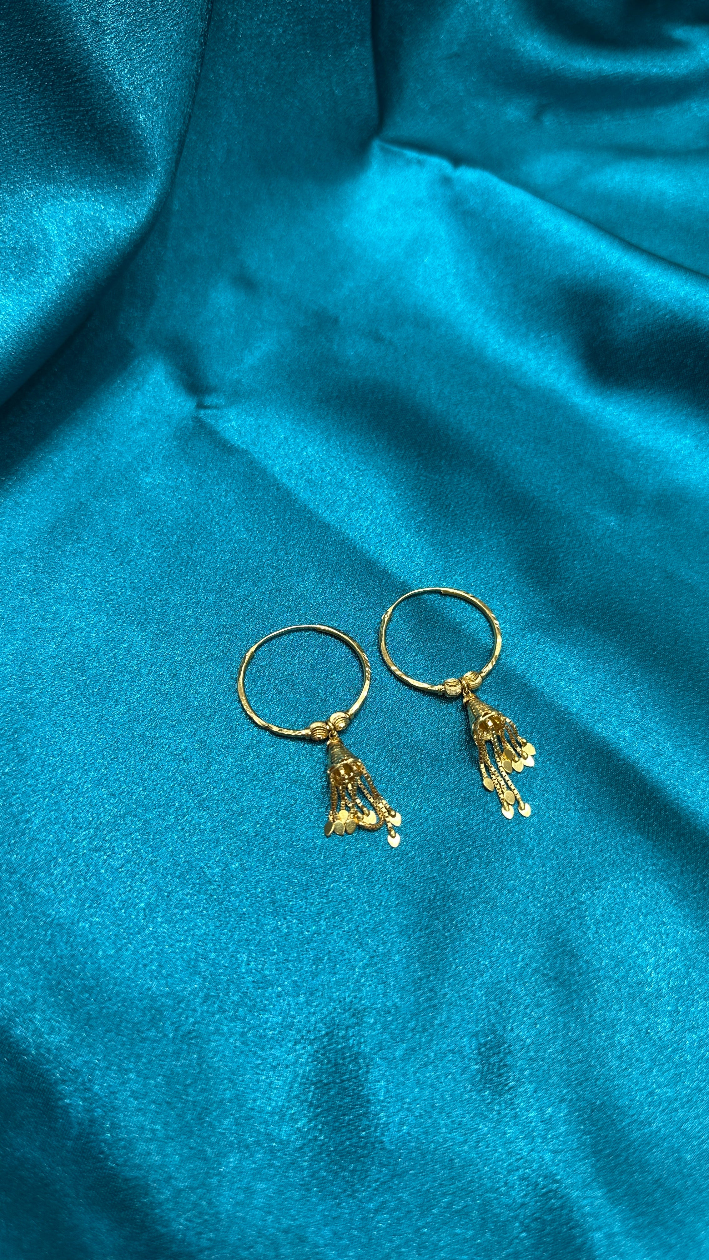 22K Gold Hoops With Designer Beads & Hanging Chain Design