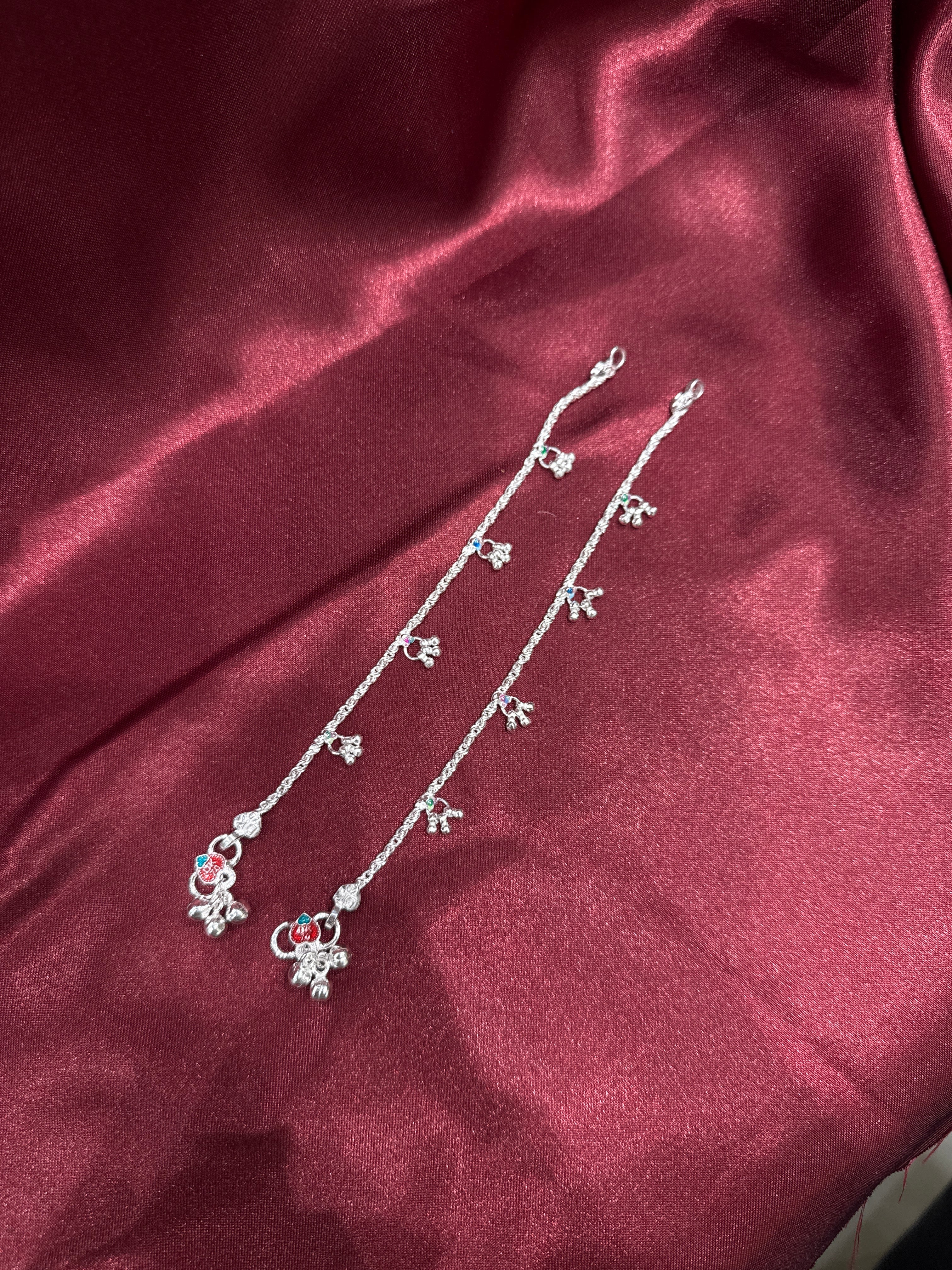 Fancy kids silver anklets with hanging small bells (Size: 6-9 year old)