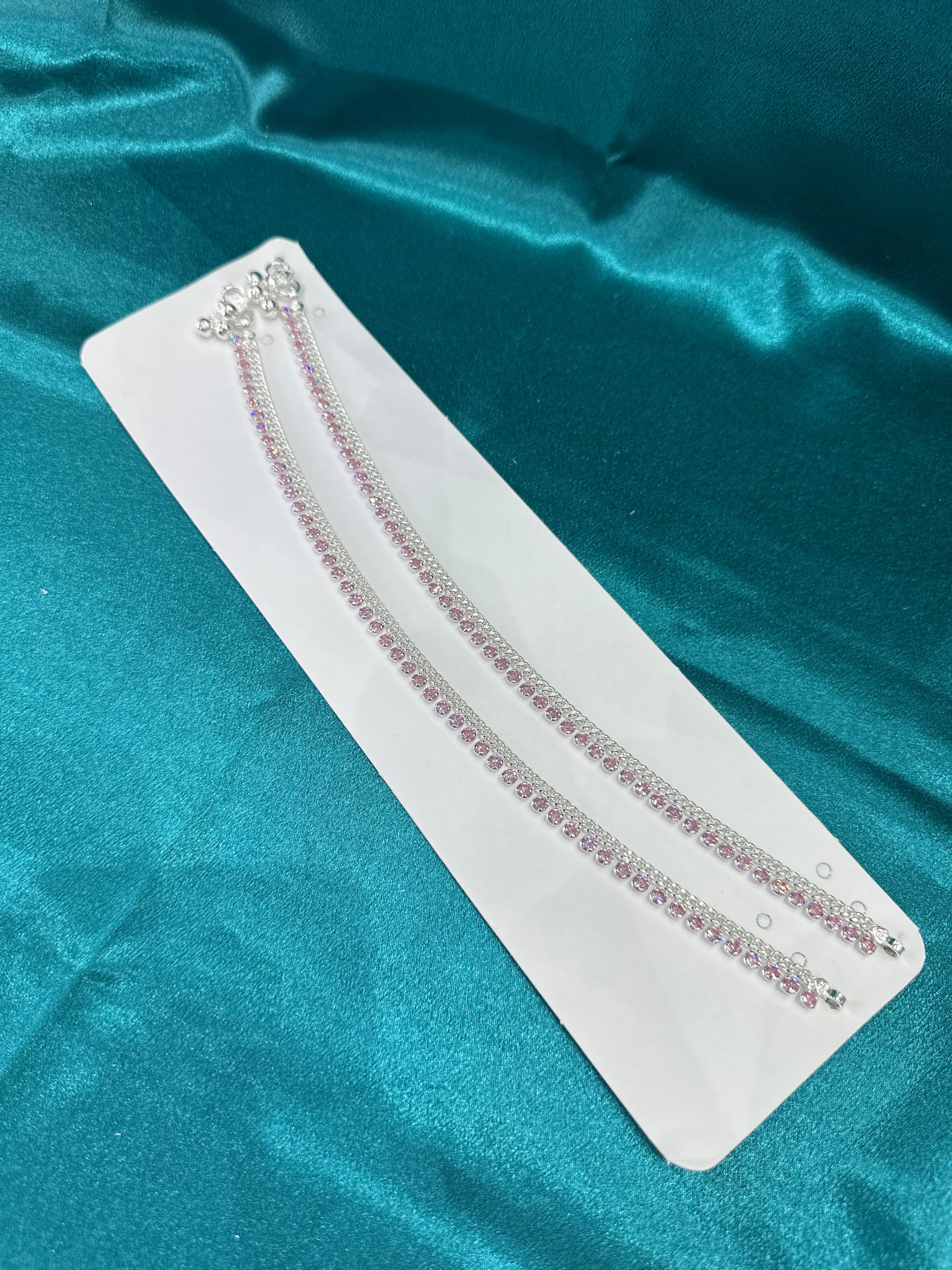 Fancy Silver Anklets With Full Row Of Pink CZ Diamonds