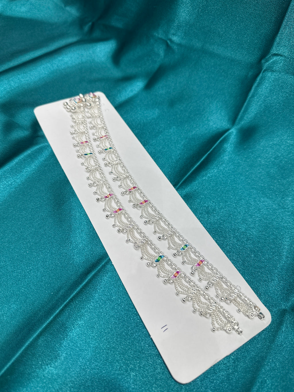 Silver Anklets With Hanging Chains & Blue & Pink Enamel colouring