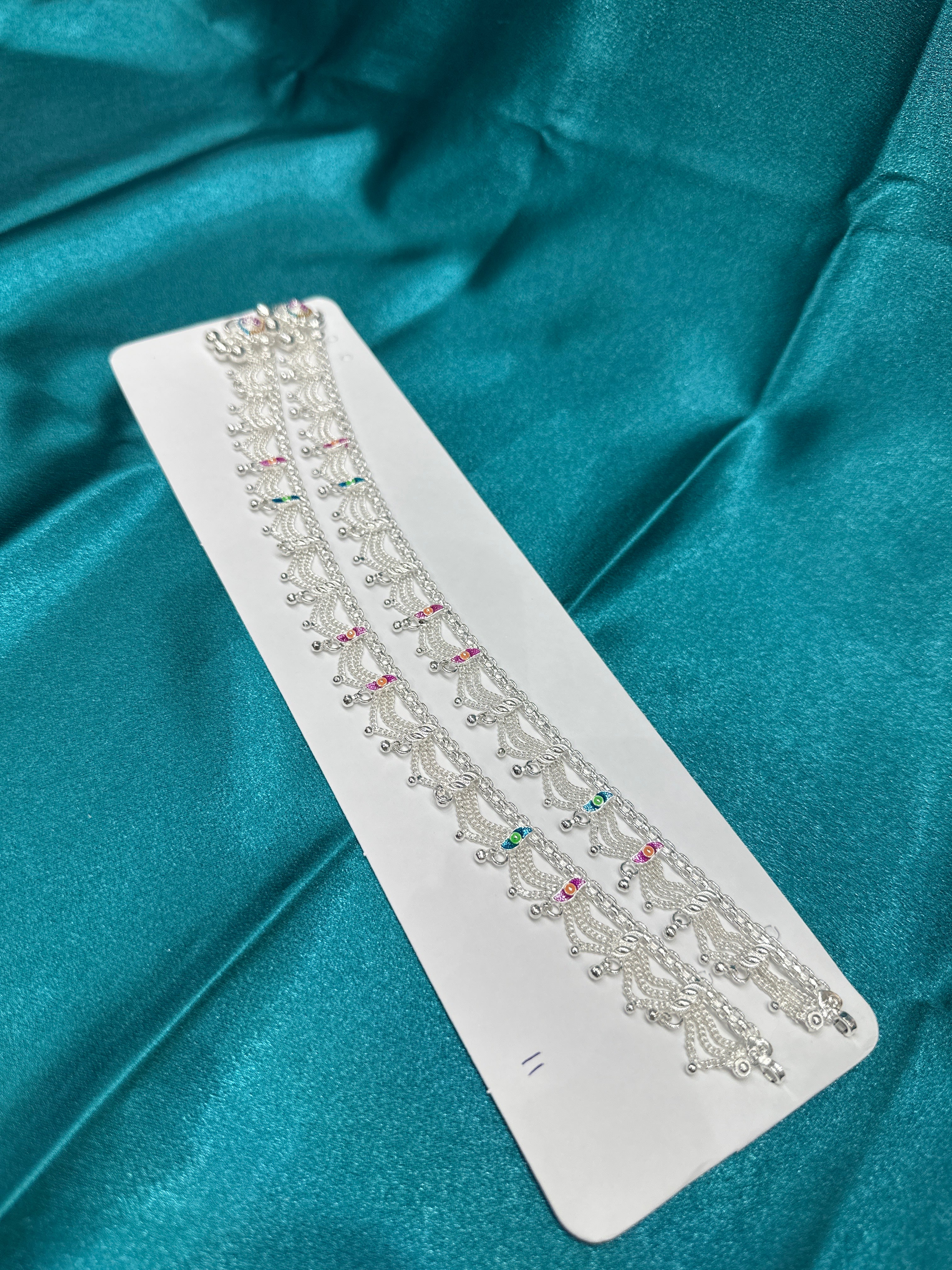 Silver Anklets With Hanging Chains & Blue & Pink Enamel colouring