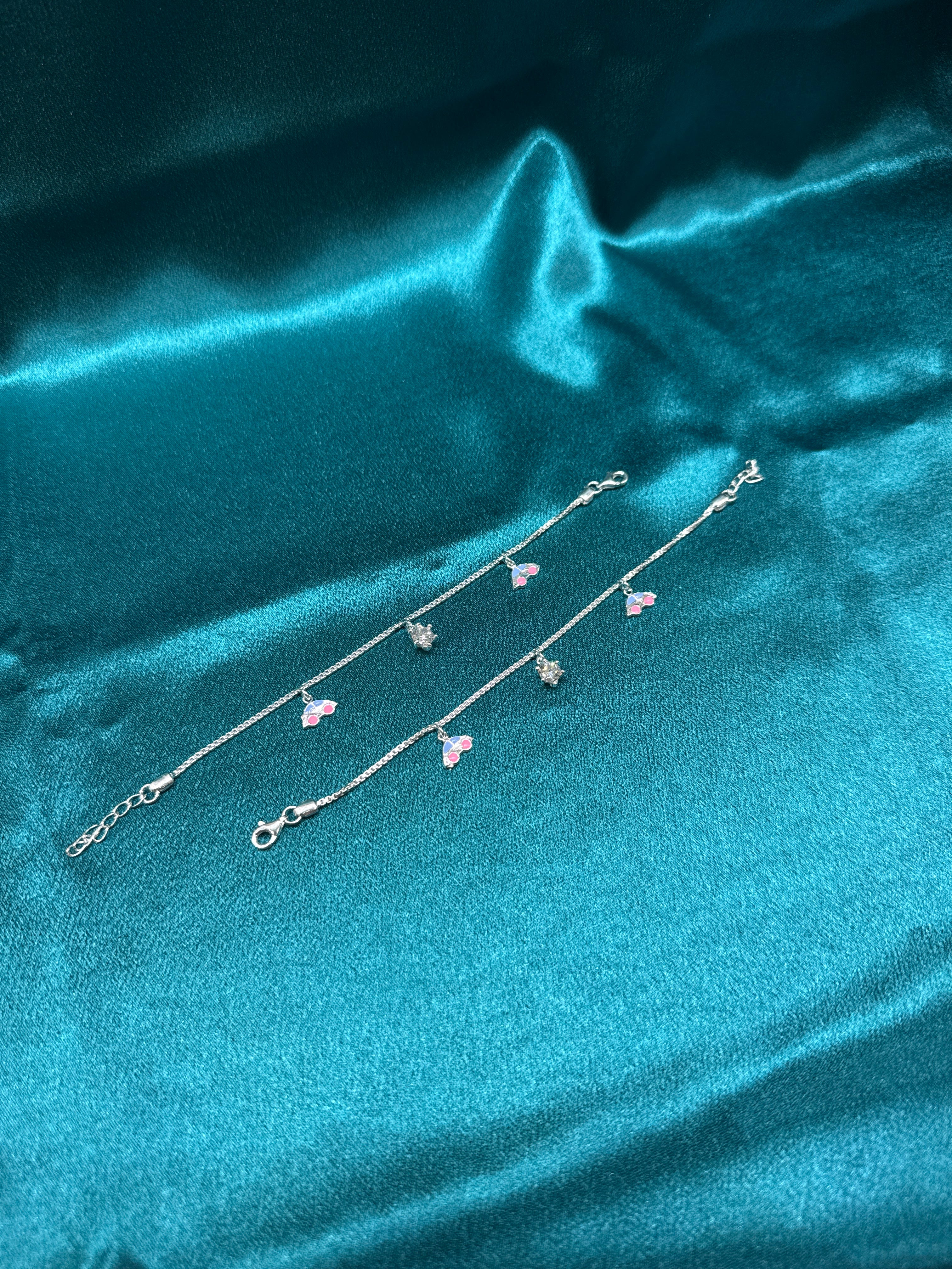 Fancy silver baby anklet with hanging car and CZ diamond charm (Size 2-3 year old)