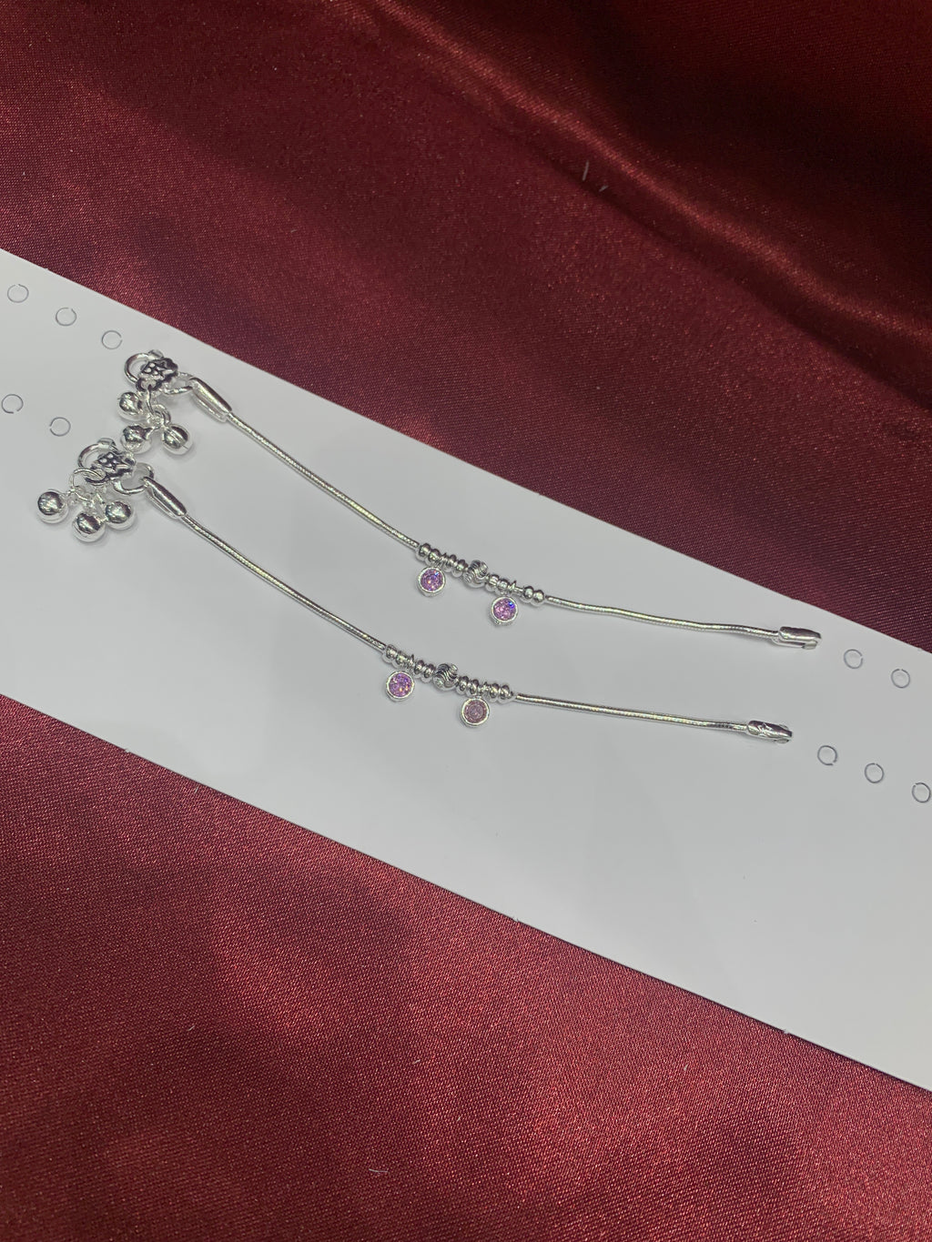 Fancy baby silver anklets with pink CZ diamonds hanging beads (Size: 1-2 year old)