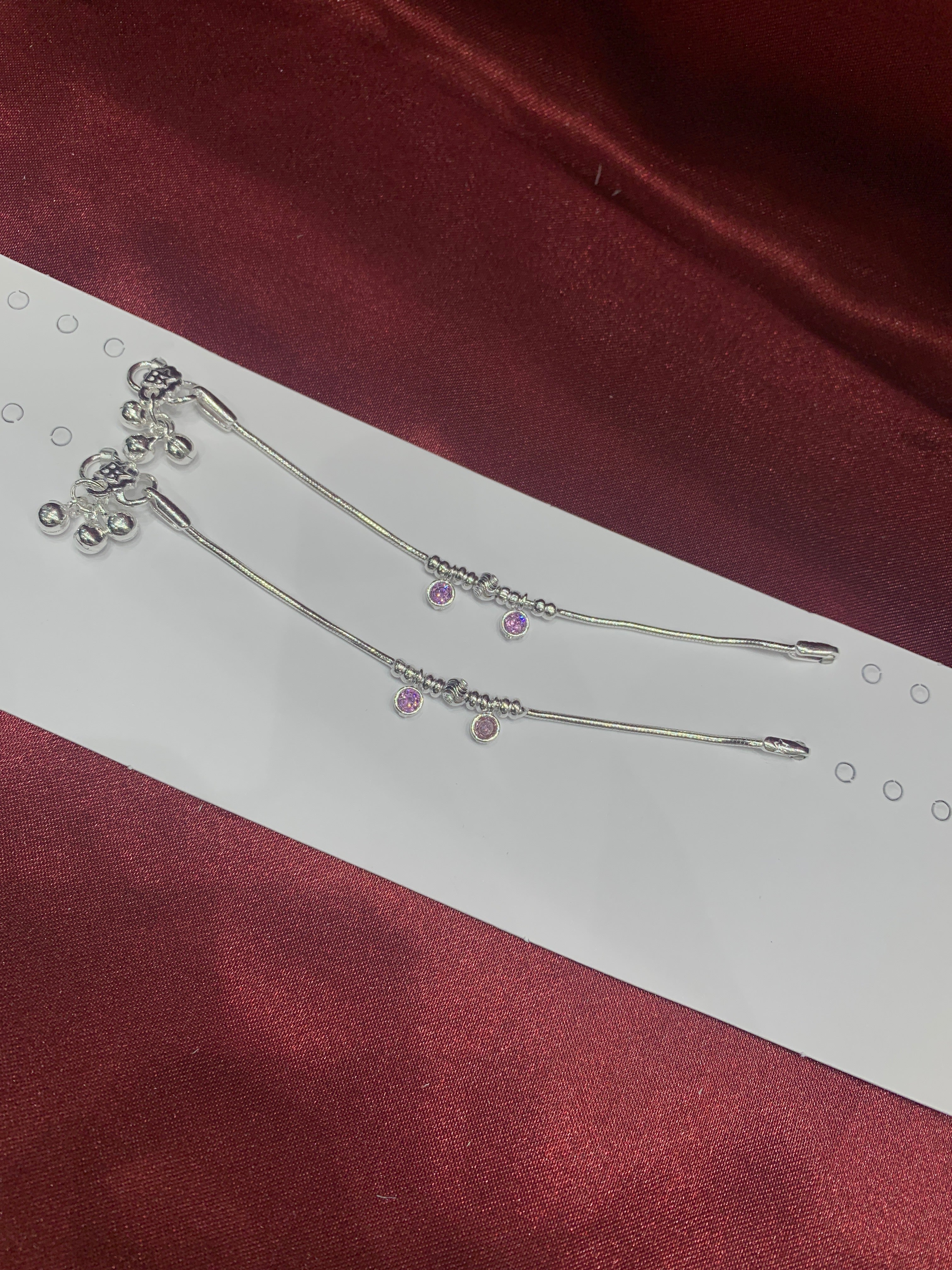 Fancy baby silver anklets with pink CZ diamonds hanging beads (Size: 1-2 year old)