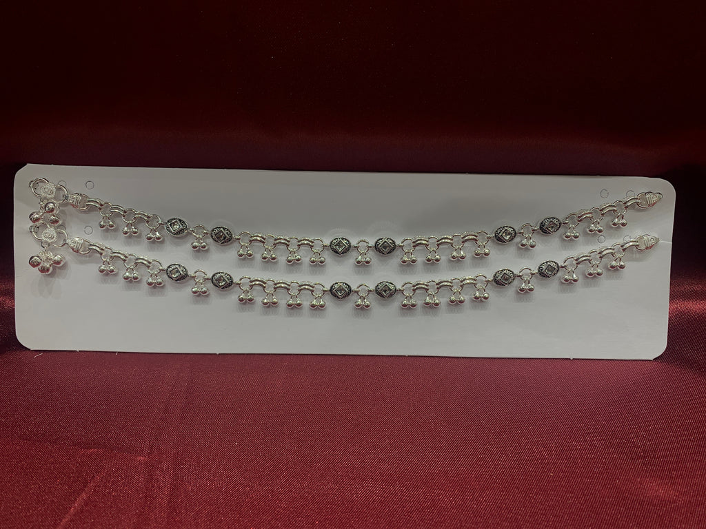 Fancy silver anklets with square stones in center and hanging bells