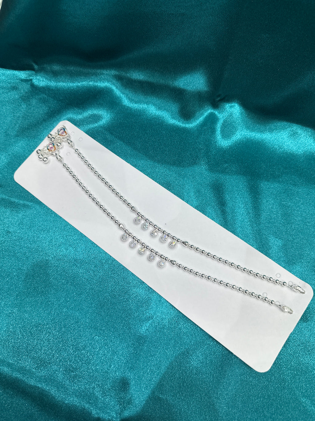 Fancy Silver Anklets With Hanging Round CZ Diamonds