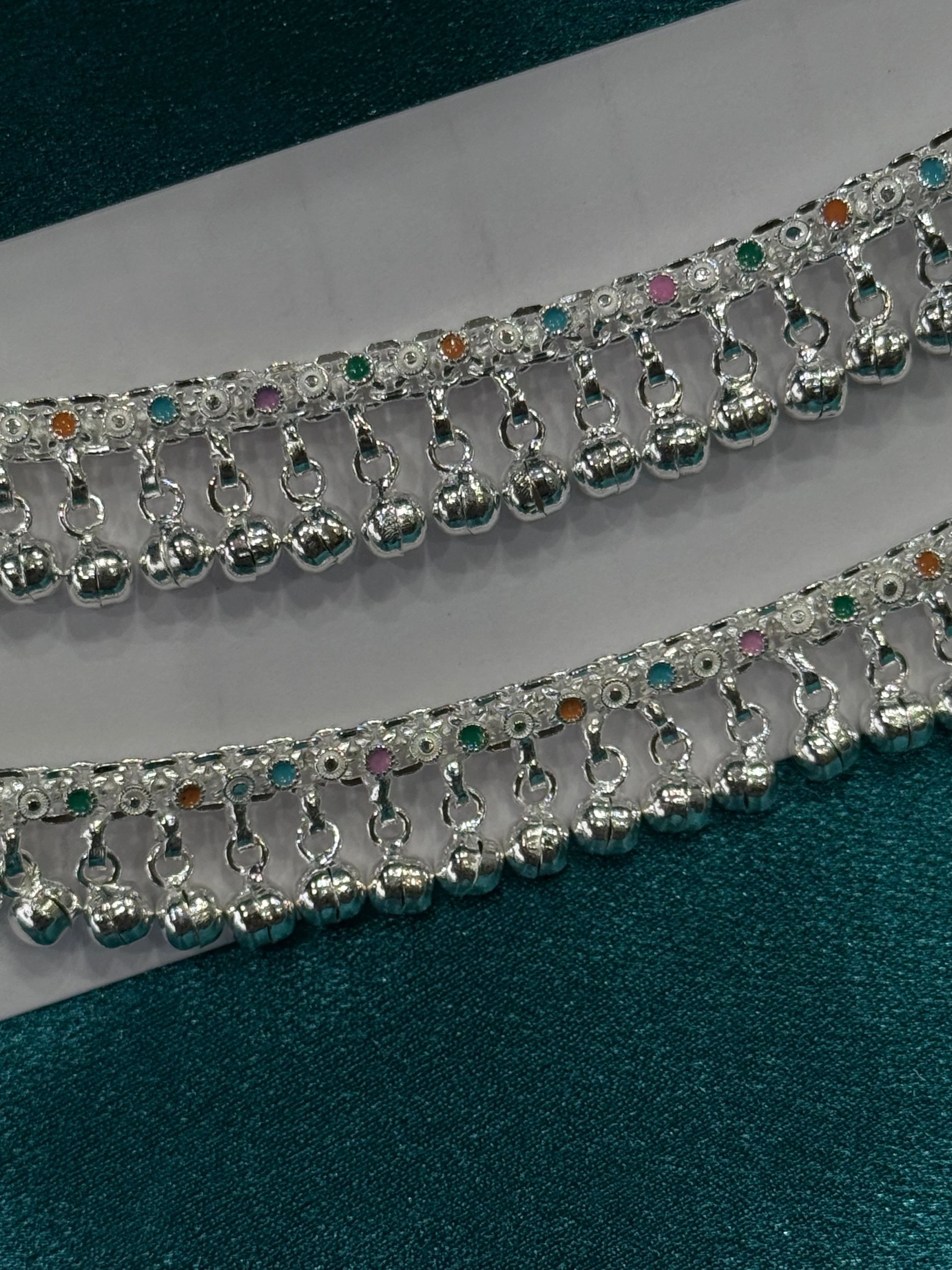 Traditional style kids silver anklets with multicolour enamel and row of bells (2-3 year old)