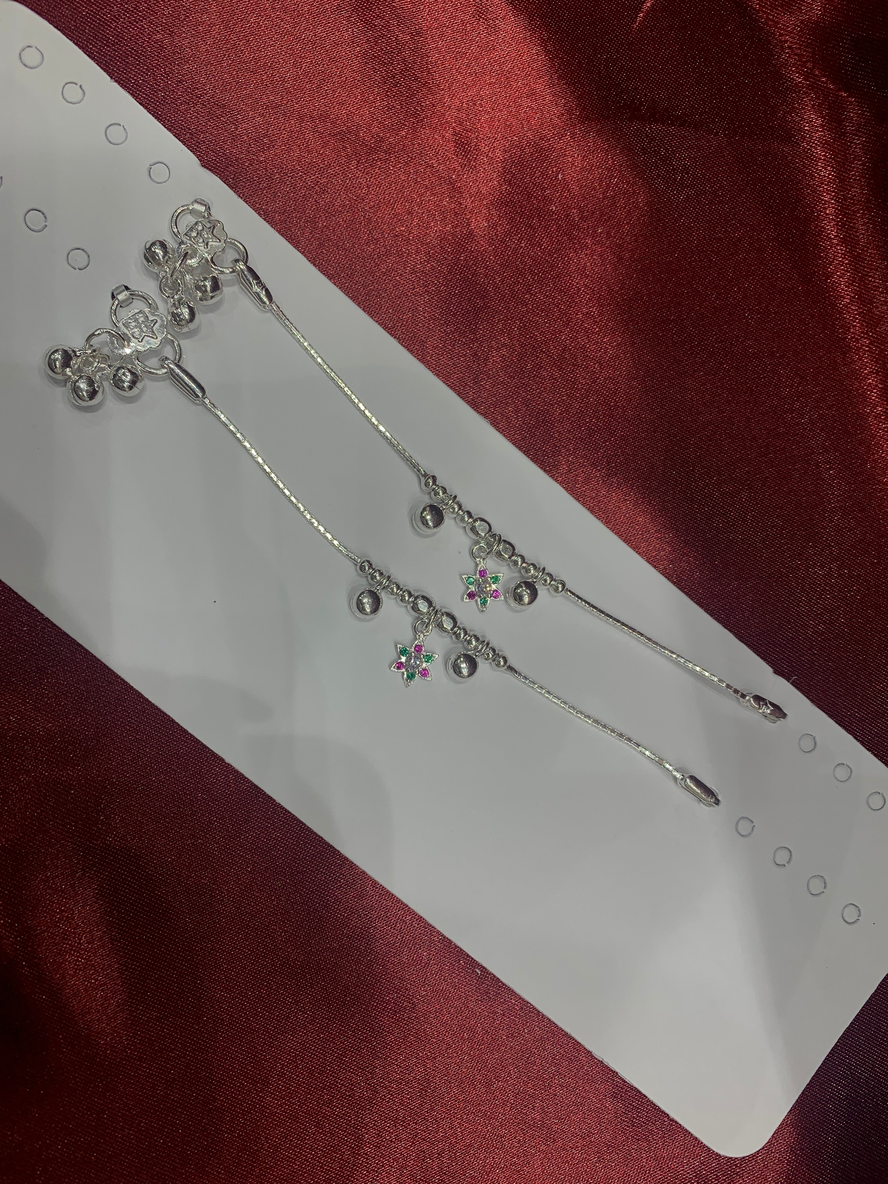 Fancy kids silver anklets with flower hanging beads (Size: 1-2 year old)