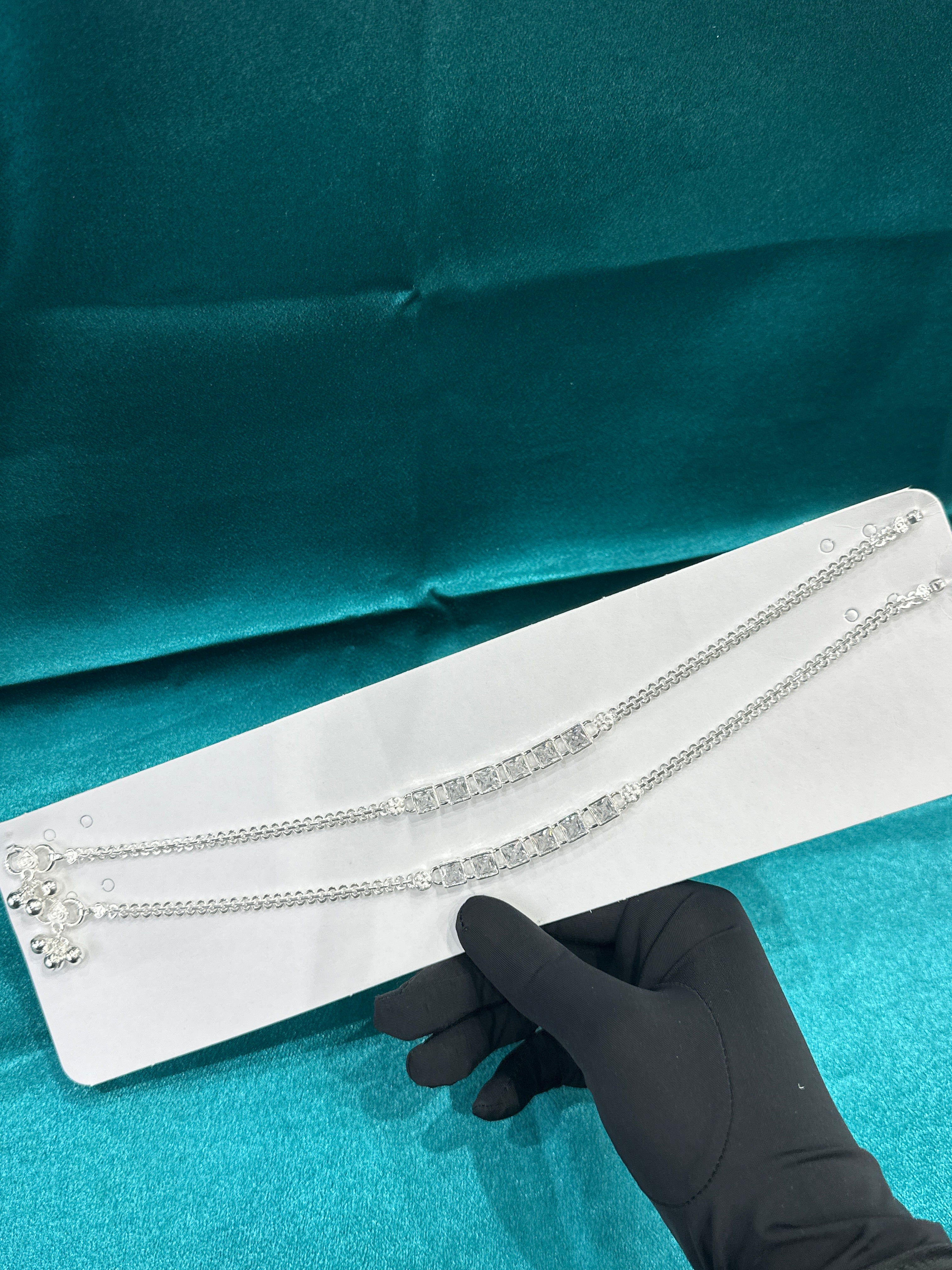 Fancy Silver Anklets With Square CZ Diamonds