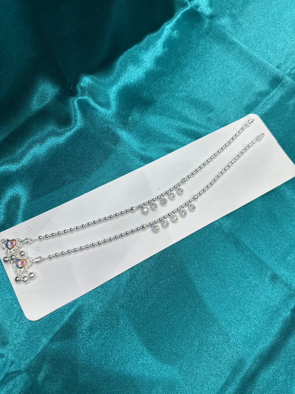 Fancy Silver Anklets With Hanging Round CZ Diamonds